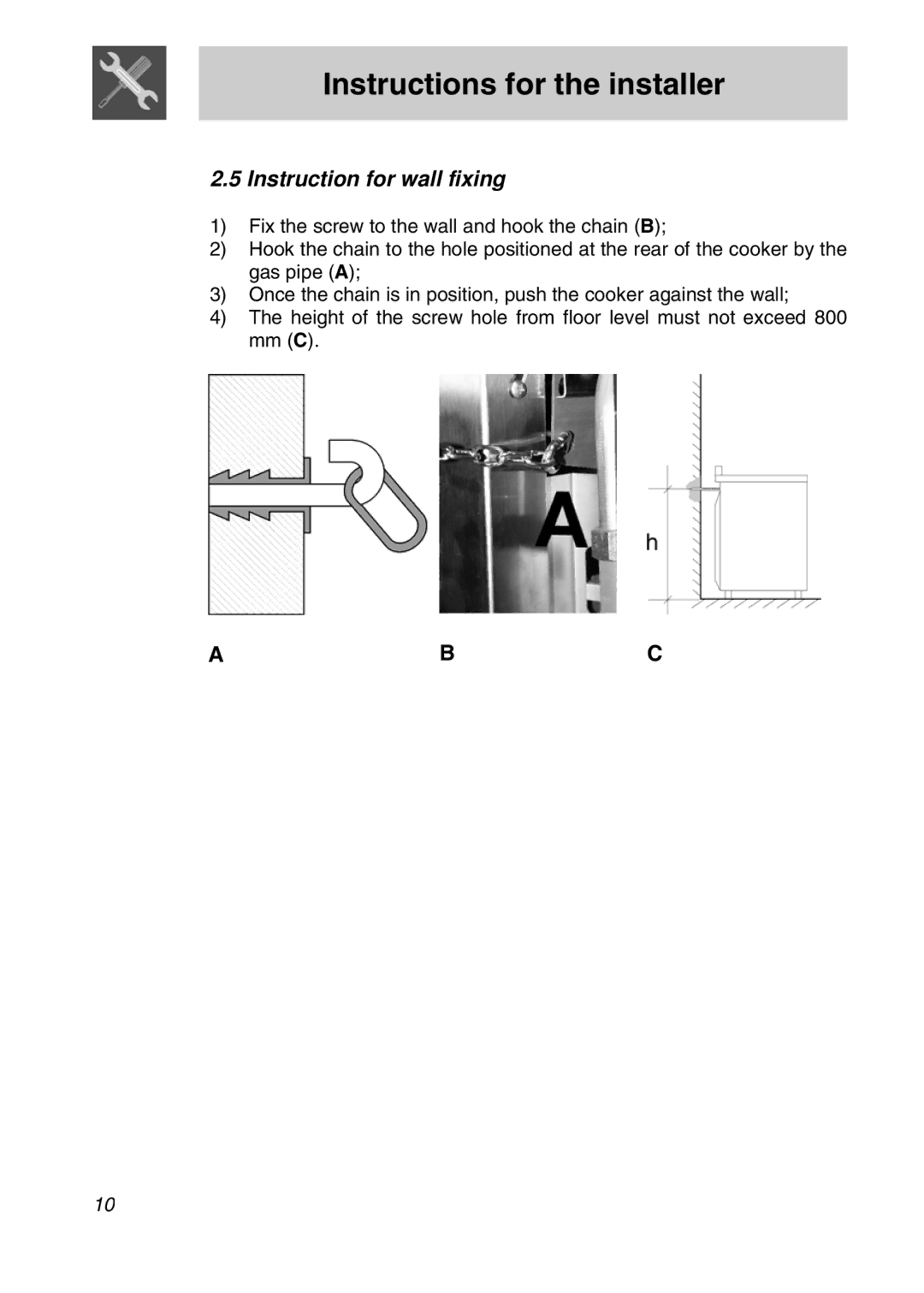 Smeg CSA19ID-6 manual Instruction for wall fixing 