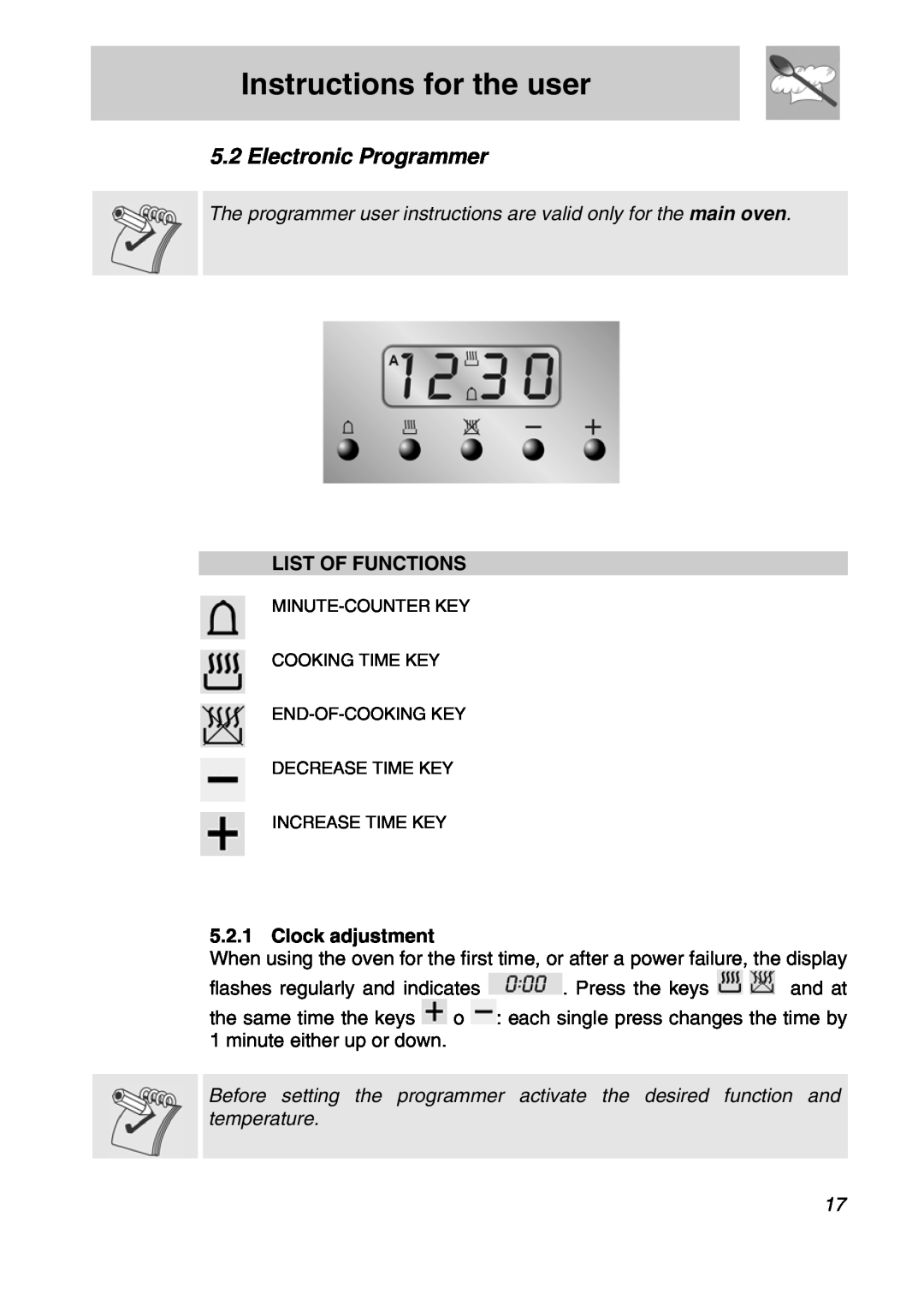 Smeg CSA19ID-6 manual Electronic Programmer, Instructions for the user, List Of Functions, Clock adjustment 