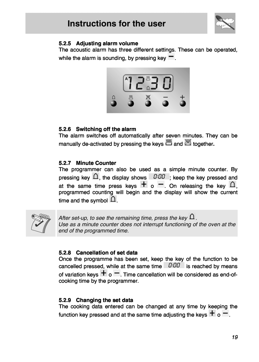 Smeg CSA19ID-6 manual Instructions for the user, Adjusting alarm volume, Switching off the alarm, Minute Counter 