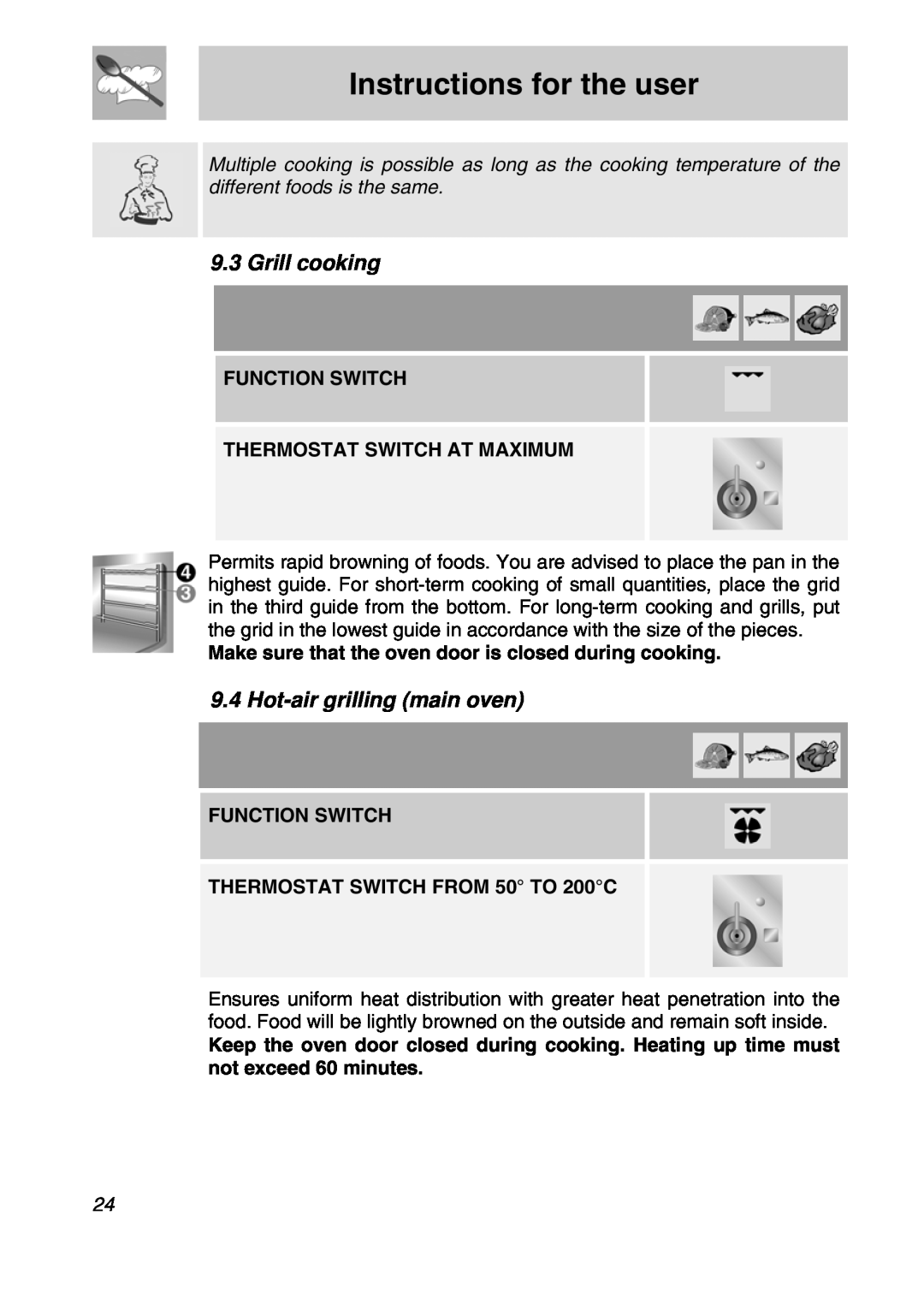 Smeg CSA19ID-6 manual Grill cooking, Hot-air grilling main oven, Instructions for the user 