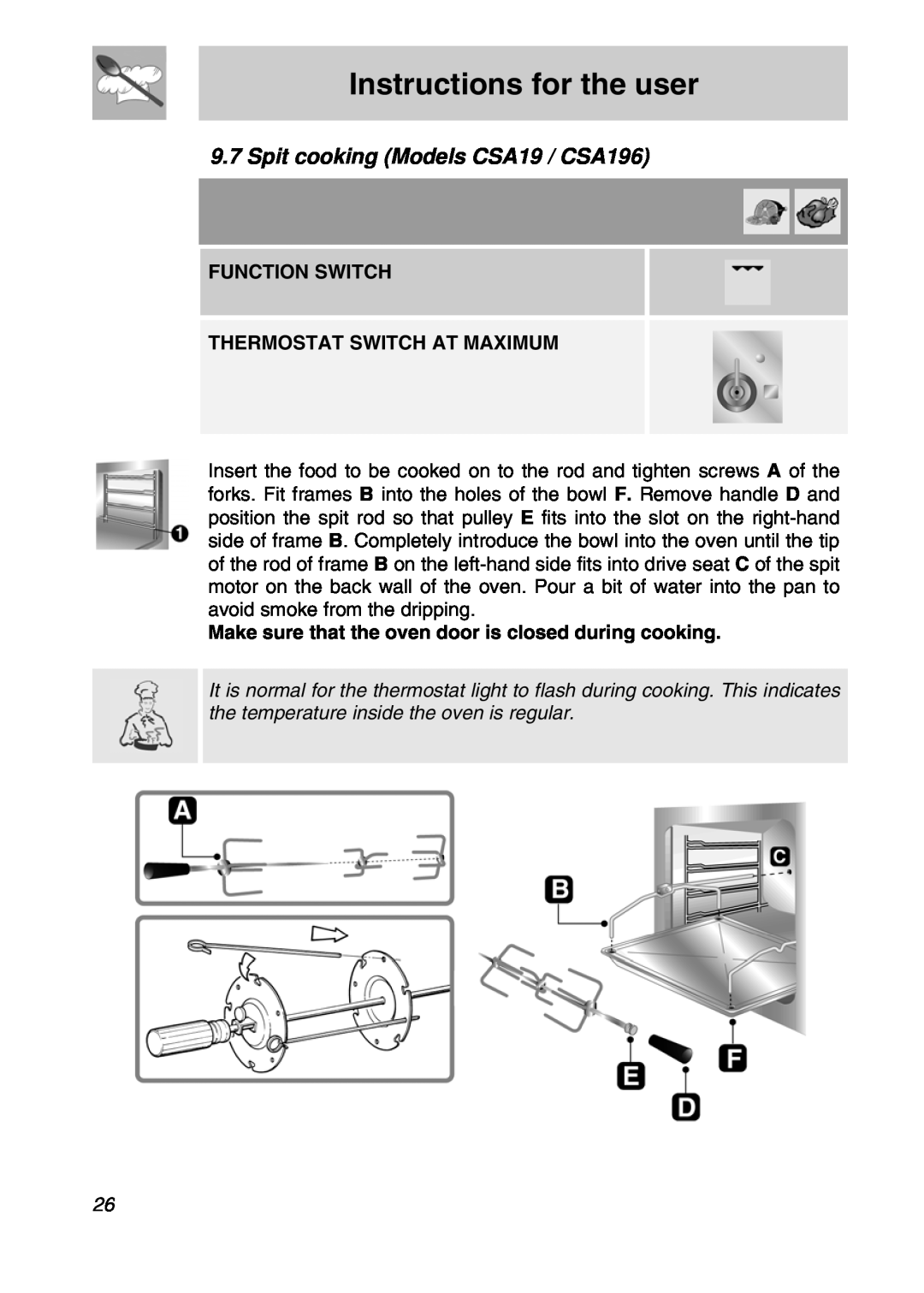 Smeg CSA19ID-6 Spit cooking Models CSA19 / CSA196, Instructions for the user, Function Switch Thermostat Switch At Maximum 