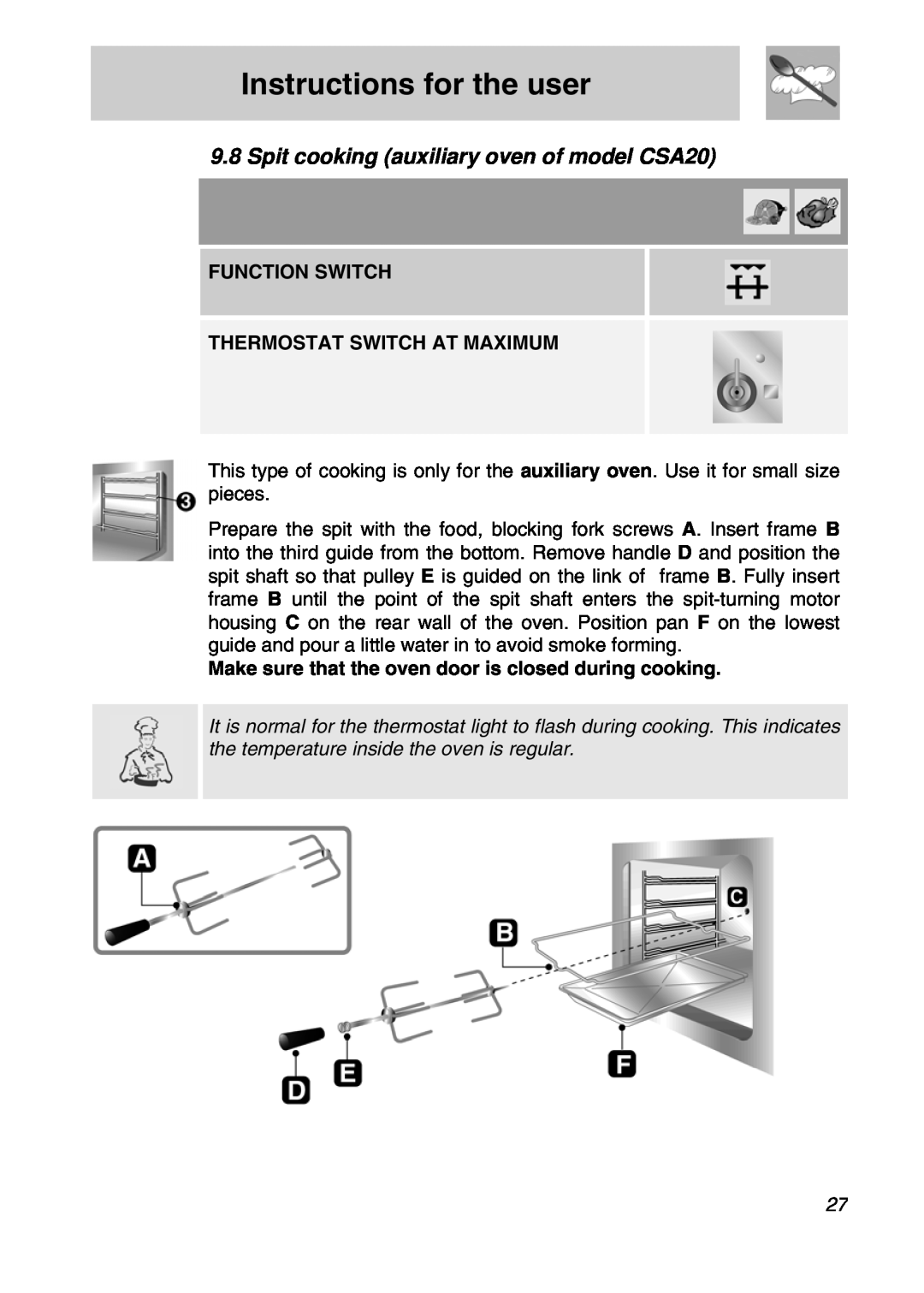 Smeg CSA19ID-6 manual Spit cooking auxiliary oven of model CSA20, Instructions for the user 