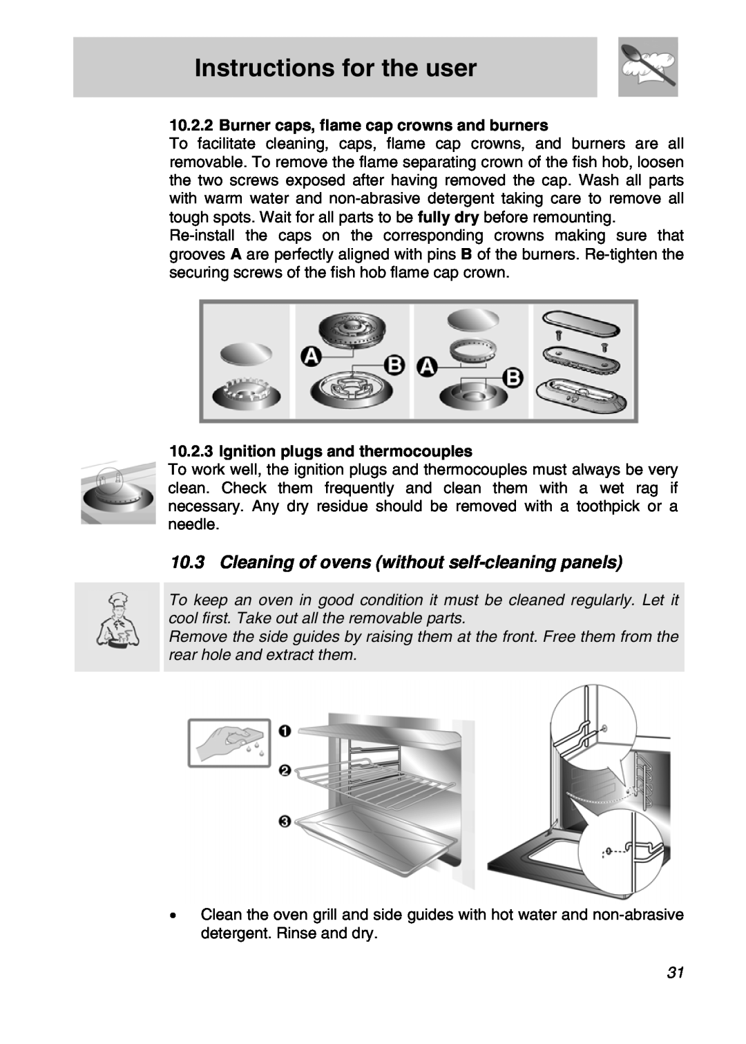 Smeg CSA19ID-6 Cleaning of ovens without self-cleaning panels, Instructions for the user, Ignition plugs and thermocouples 