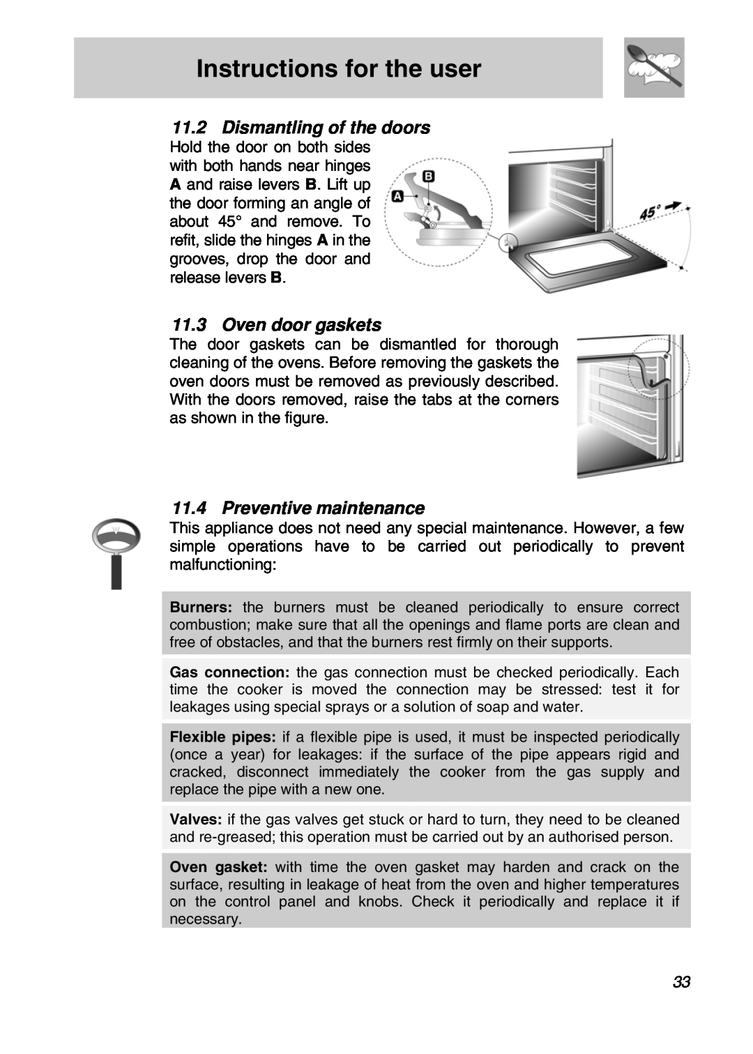 Smeg CSA19ID-6 manual Dismantling of the doors, Oven door gaskets, Preventive maintenance, Instructions for the user 