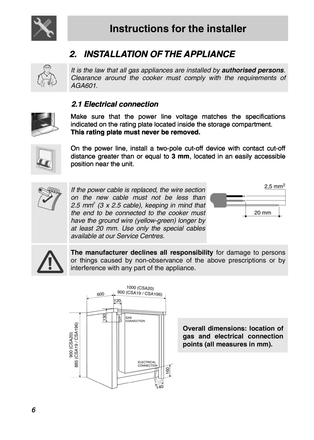 Smeg CSA19ID-6 manual Instructions for the installer, Installation Of The Appliance, Electrical connection 