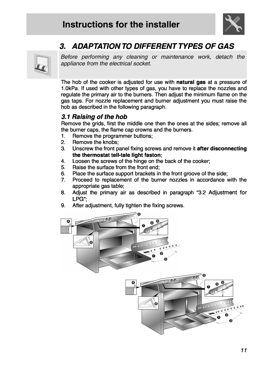 Smeg CSA19ID-6 manual Adaptation To Different Types Of Gas, Raising of the hob, Instructions for the installer 