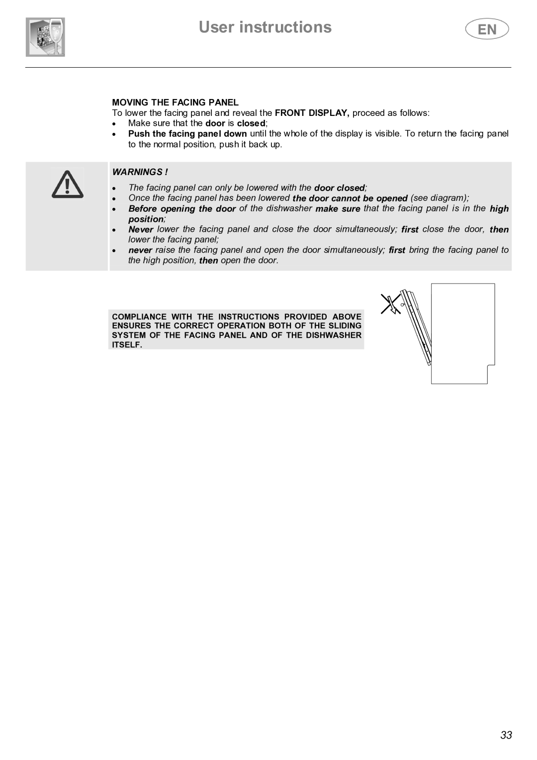 Smeg CSE66-I2 instruction manual Moving the Facing Panel 