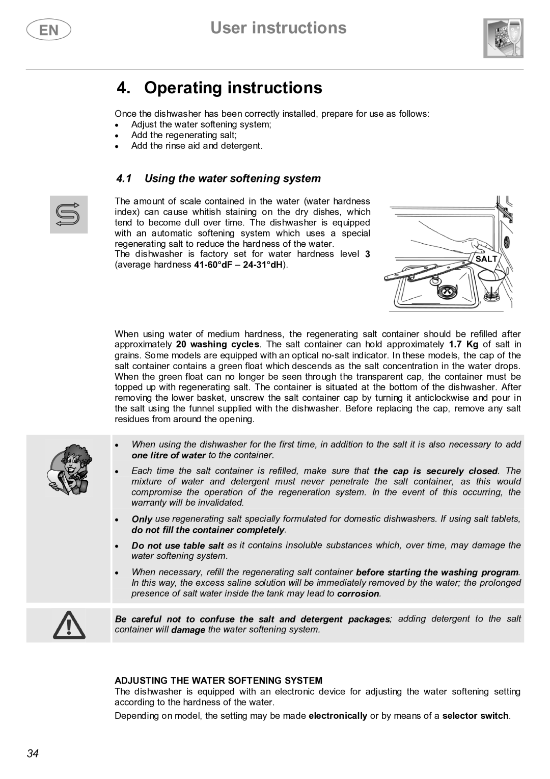 Smeg CSE66-I2 Operating instructions, Using the water softening system, Adjusting the Water Softening System 