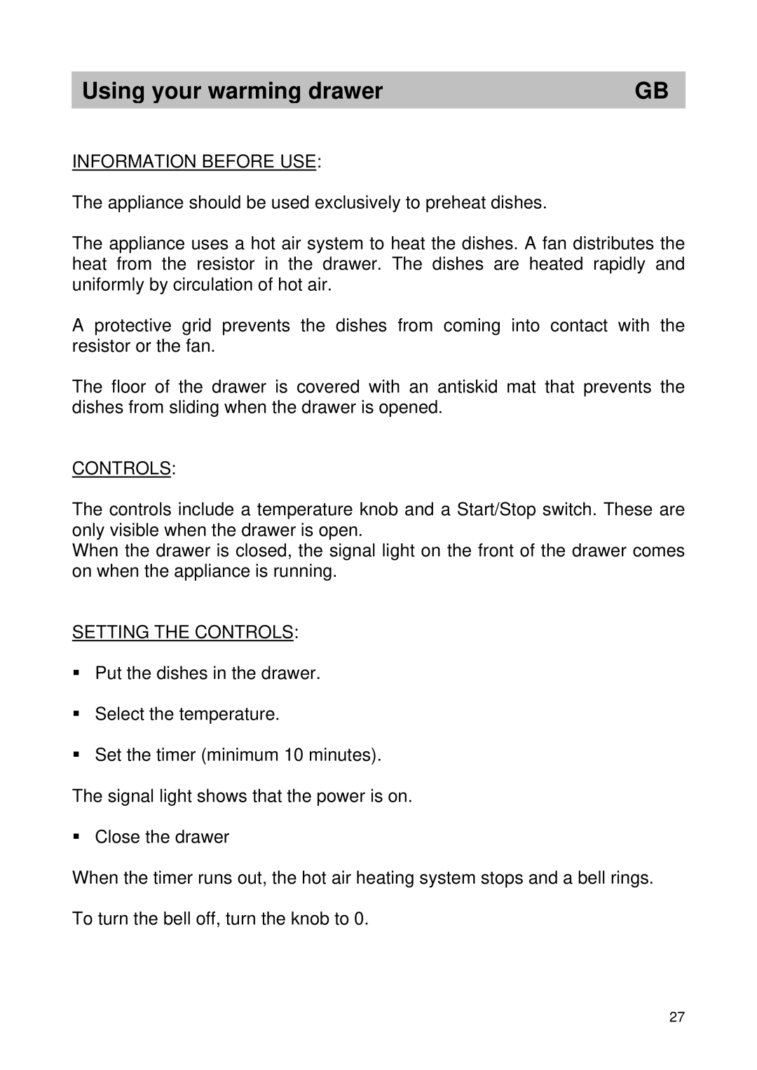 Smeg CTSC21X manual Using your warming drawer, Information Before USE, Setting the Controls 