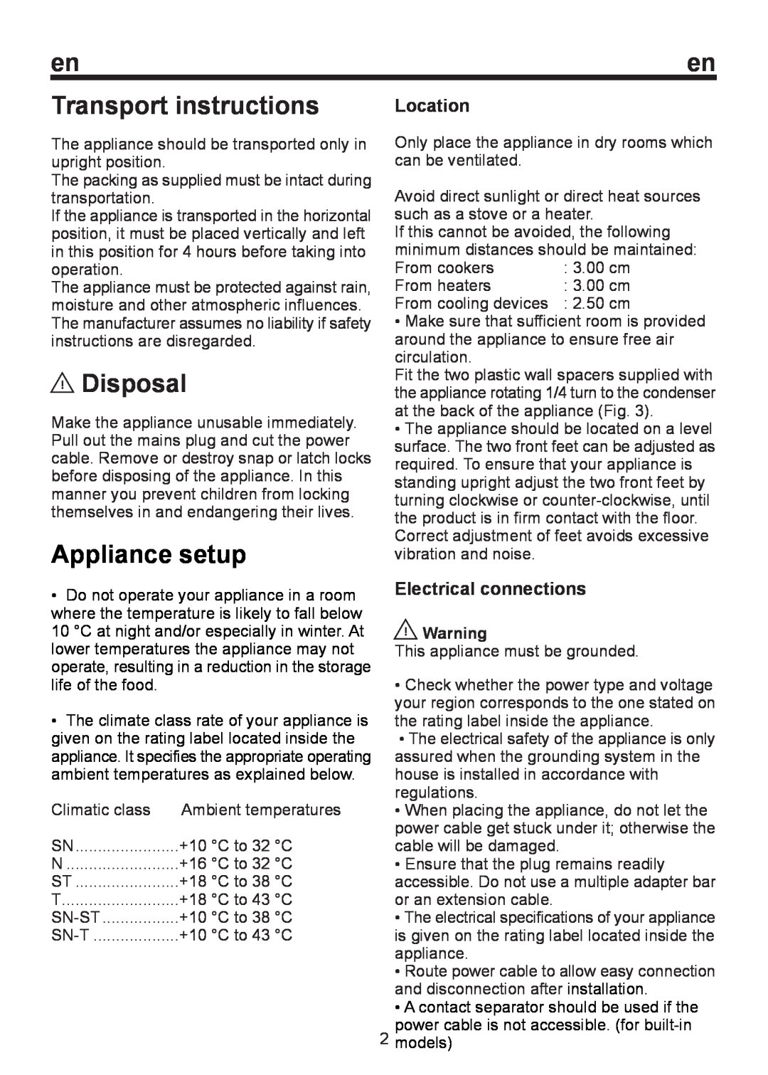 Smeg CV 260 NF instruction manual Transport instructions, Disposal, Appliance setup, Location, Electrical connections 