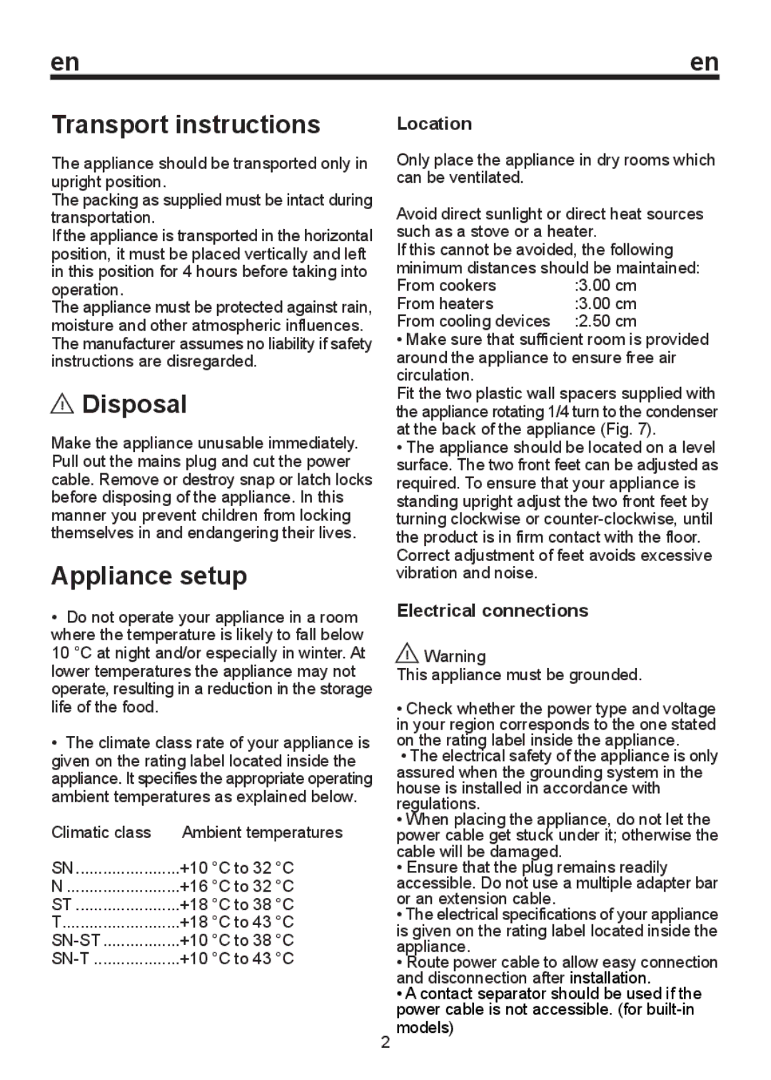 Smeg CV 270 AP instruction manual Transport instructions, Disposal, Appliance setup, Location, Electrical connections 