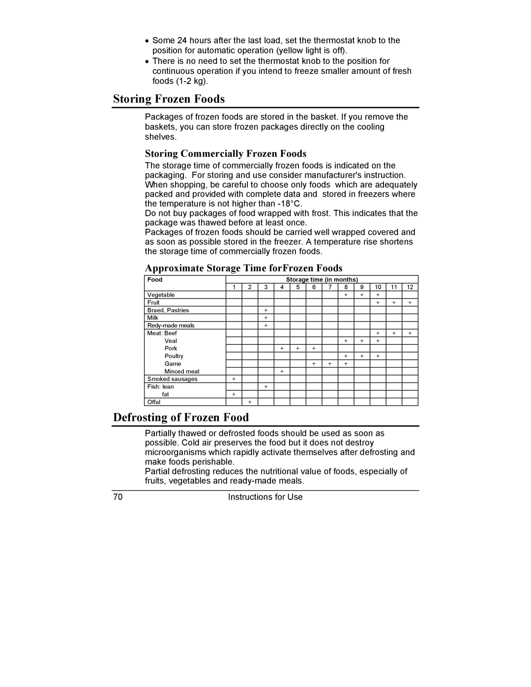 Smeg CV10B manual Storing Frozen Foods, Defrosting of Frozen Food, Storing Commercially Frozen Foods 