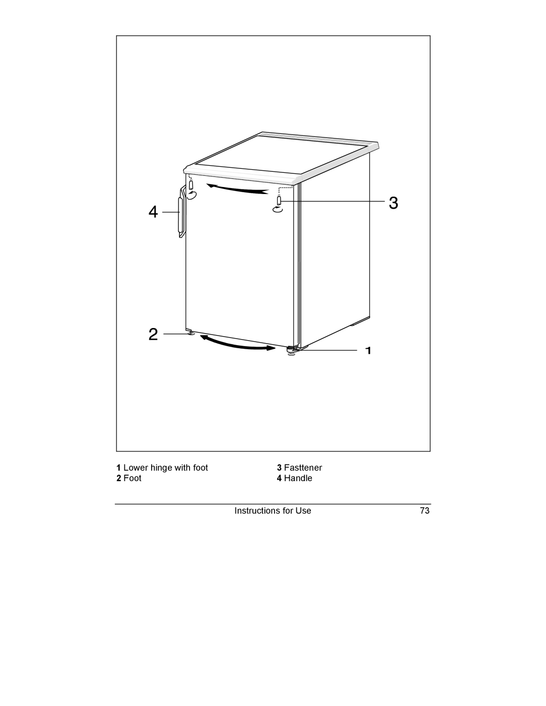 Smeg CV10B manual Lower hinge with foot Fasttener Foot Handle 