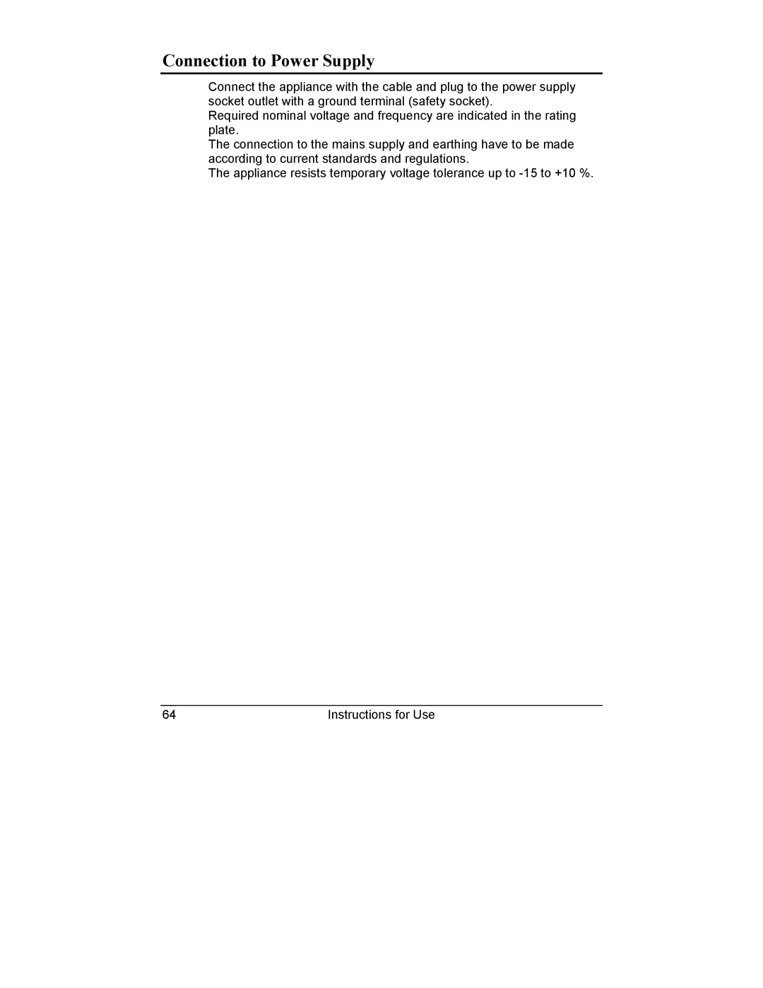 Smeg CV10B manual Connection to Power Supply 