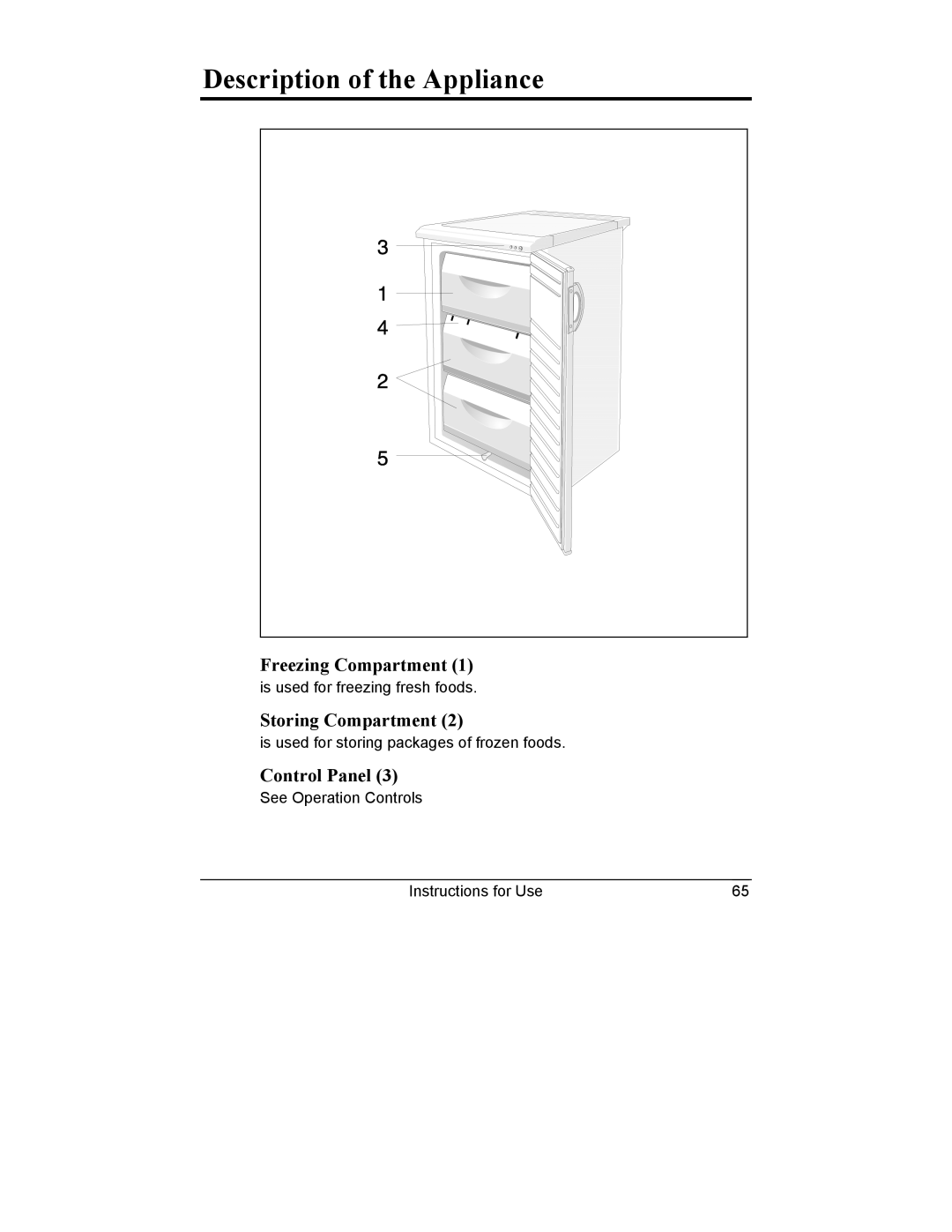 Smeg CV10B manual Description of the Appliance, Freezing Compartment, Storing Compartment, Control Panel 