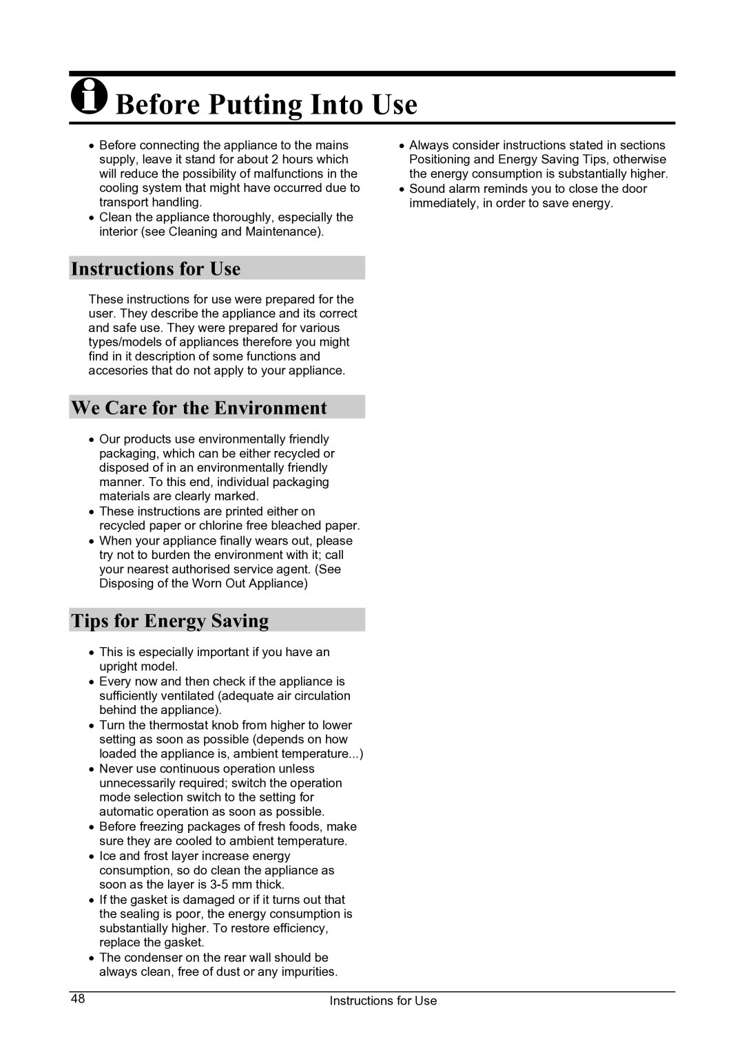 Smeg CV24A manual Before Putting Into Use, Instructions for Use, We Care for the Environment, Tips for Energy Saving 