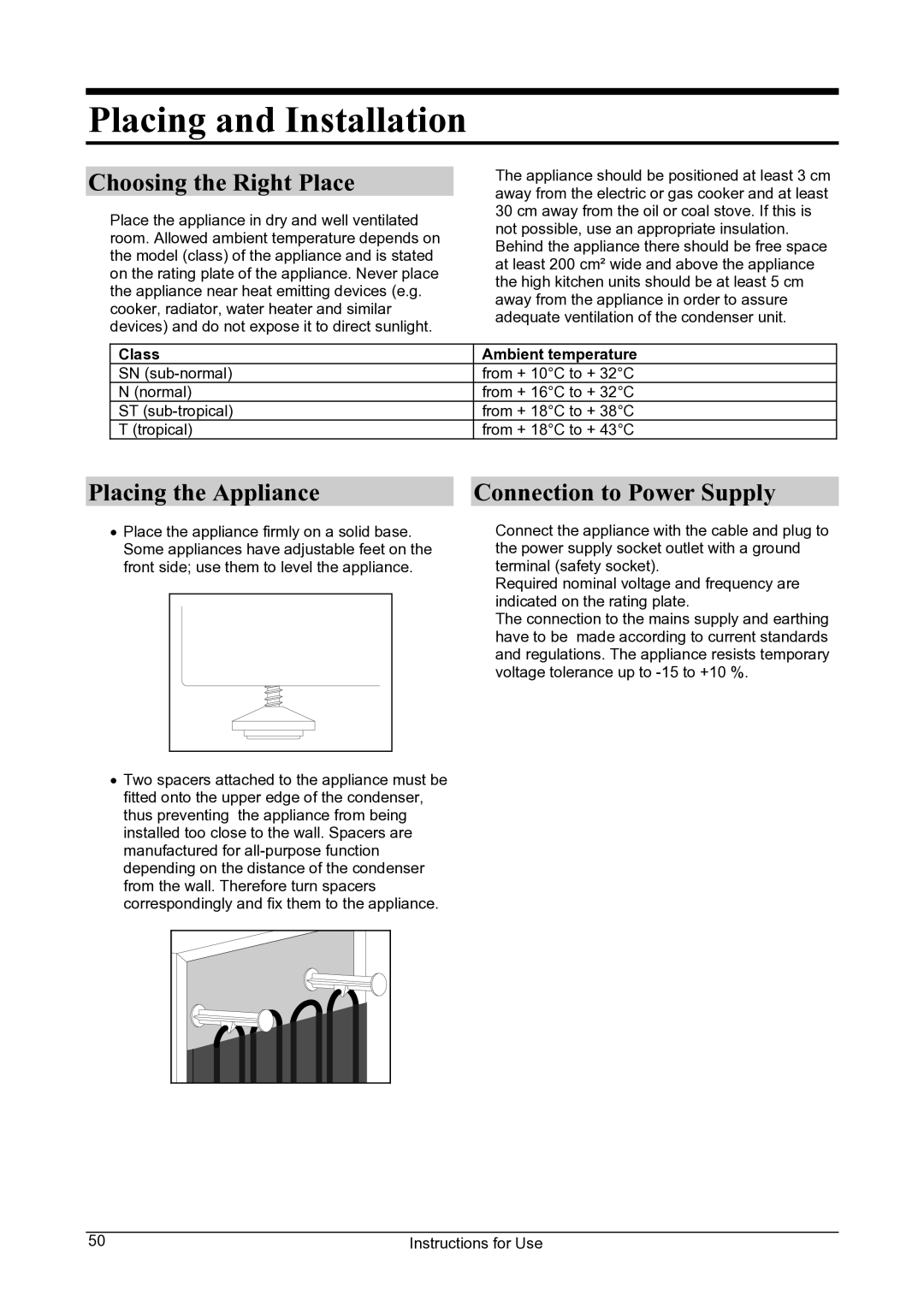 Smeg CV24A manual Placing and Installation, Choosing the Right Place, Placing the Appliance Connection to Power Supply 