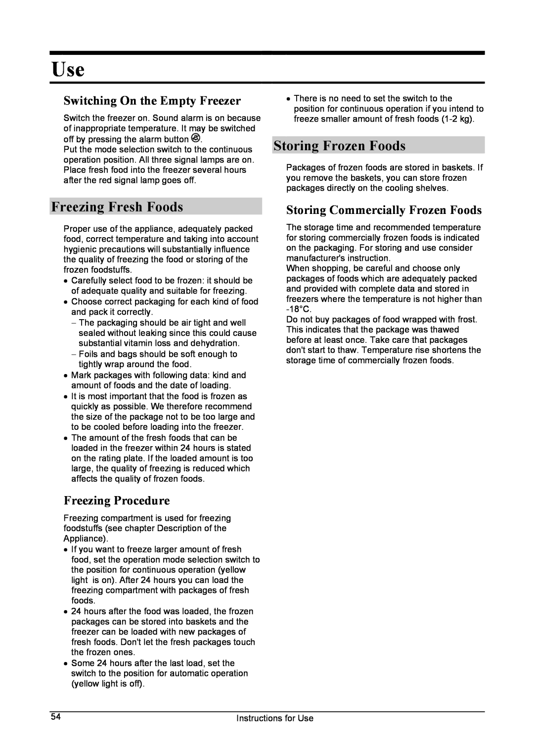 Smeg CV24A manual Freezing Fresh Foods, Storing Frozen Foods, Switching On the Empty Freezer, Freezing Procedure 