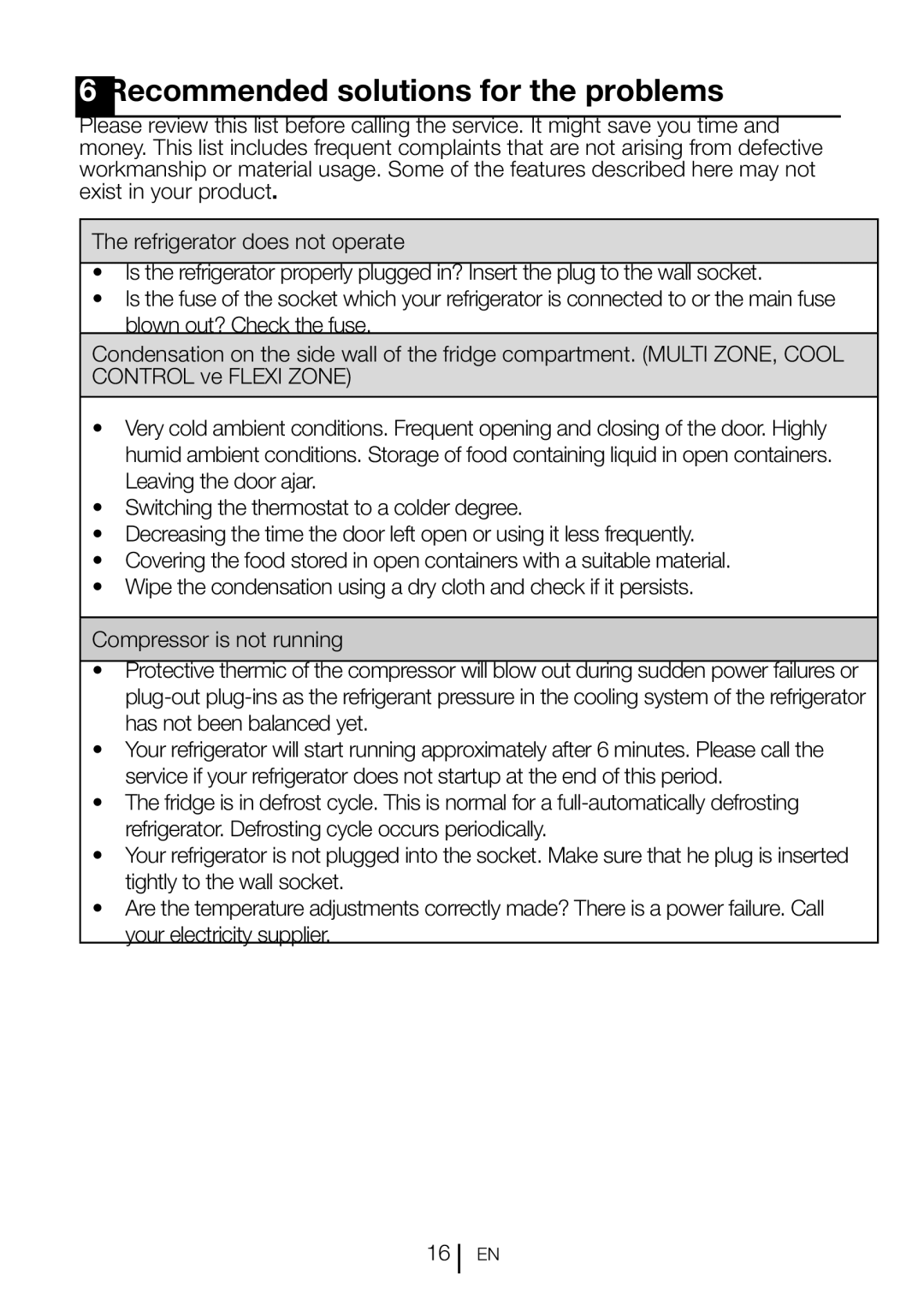 Smeg CV260PNF instruction manual Recommended solutions for the problems 