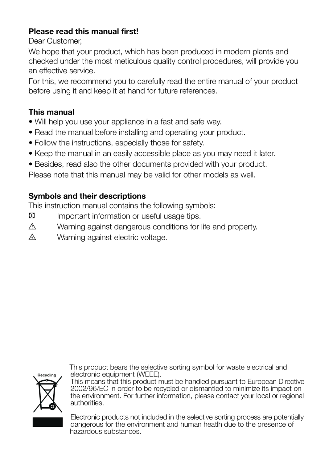 Smeg CV260PNF instruction manual Please read this manual first, This manual, Symbols and their descriptions 