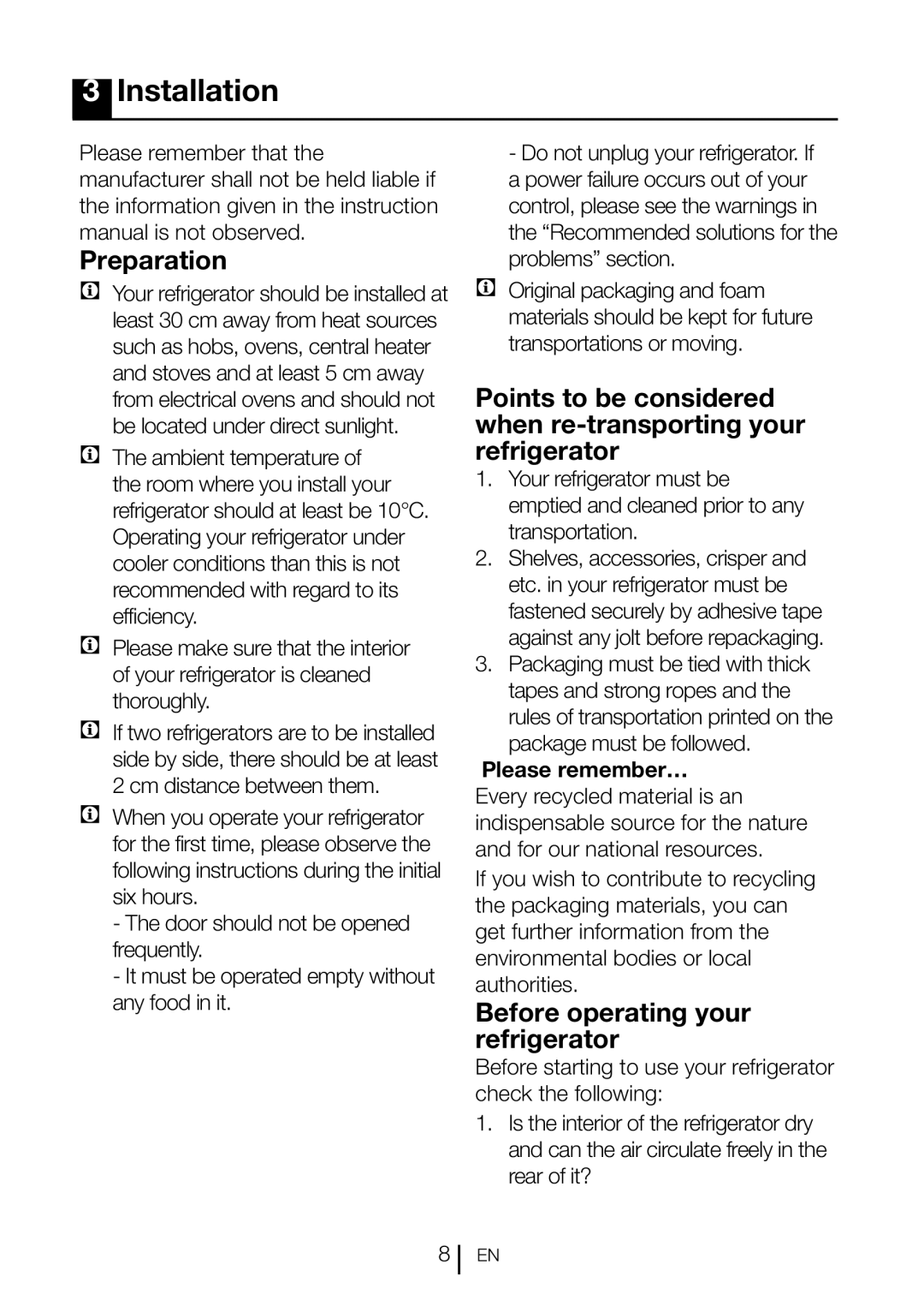 Smeg CV260PNF instruction manual Installation, Preparation, Before operating your refrigerator 