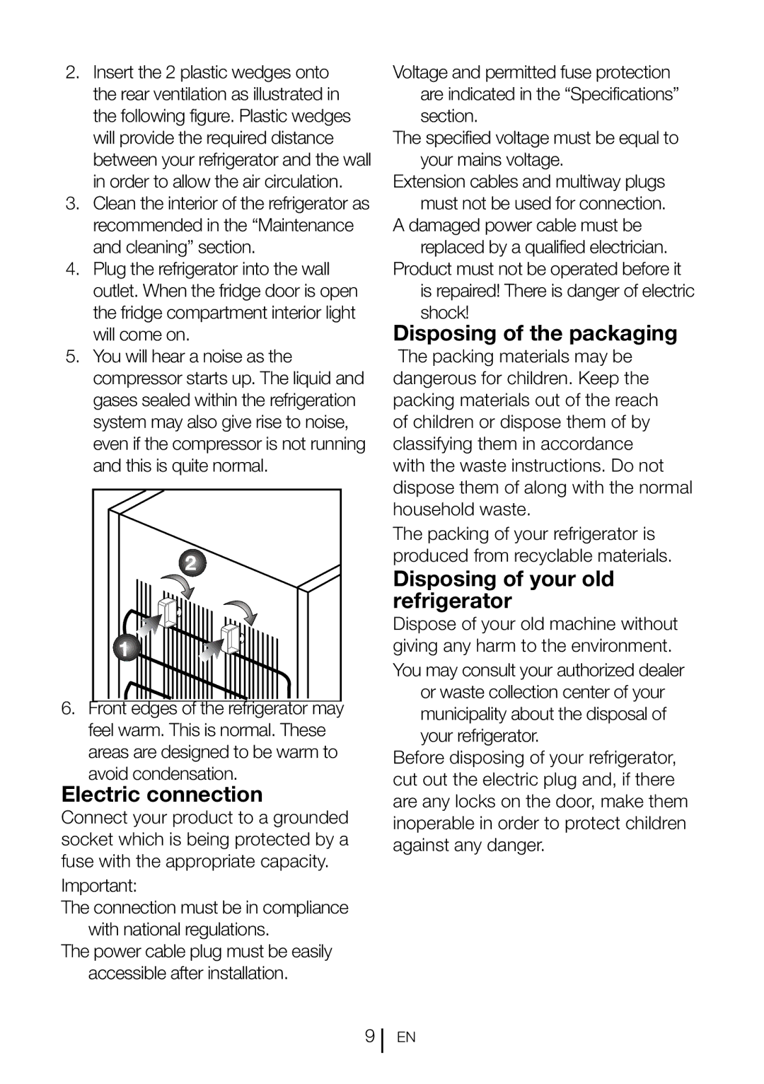 Smeg CV260PNF instruction manual Electric connection, Disposing of the packaging, Disposing of your old refrigerator 