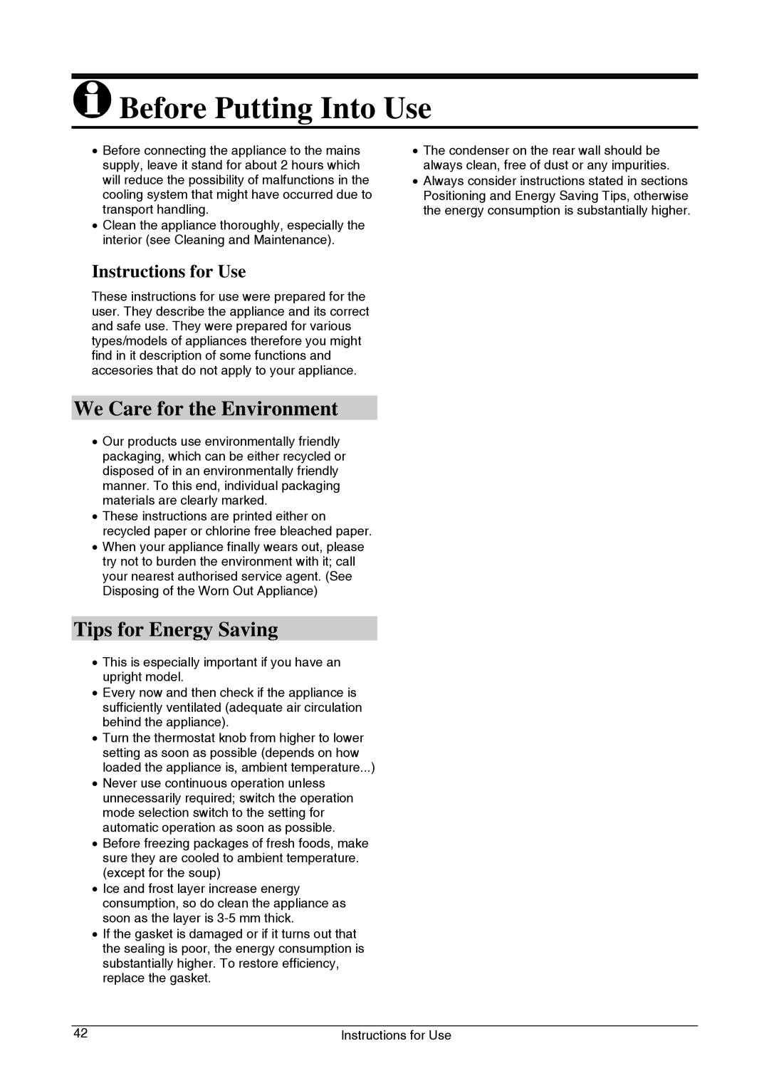 Smeg CV33B manual Before Putting Into Use, We Care for the Environment, Tips for Energy Saving, Instructions for Use 