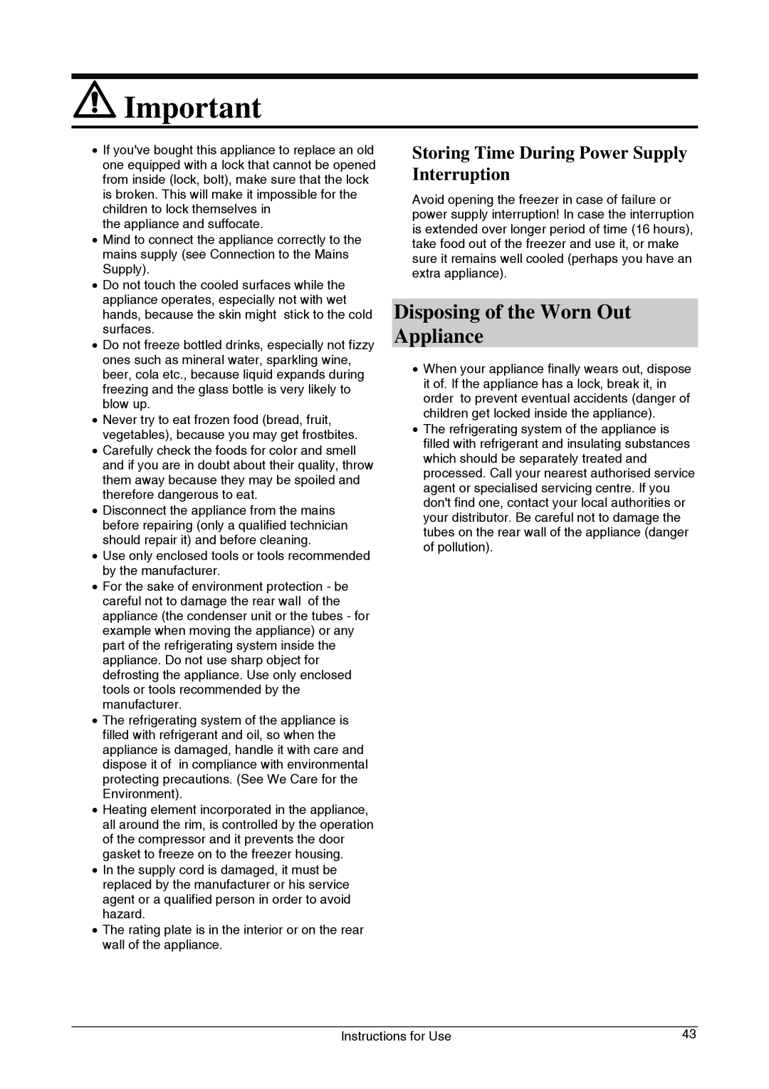 Smeg CV33B manual Disposing of the Worn Out Appliance, Storing Time During Power Supply Interruption 