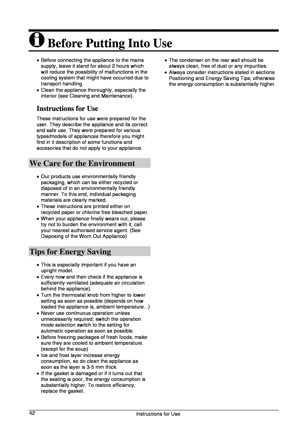Smeg CV33B manual Before Putting Into Use, We Care for the Environment, Tips for Energy Saving, Instructions for Use 