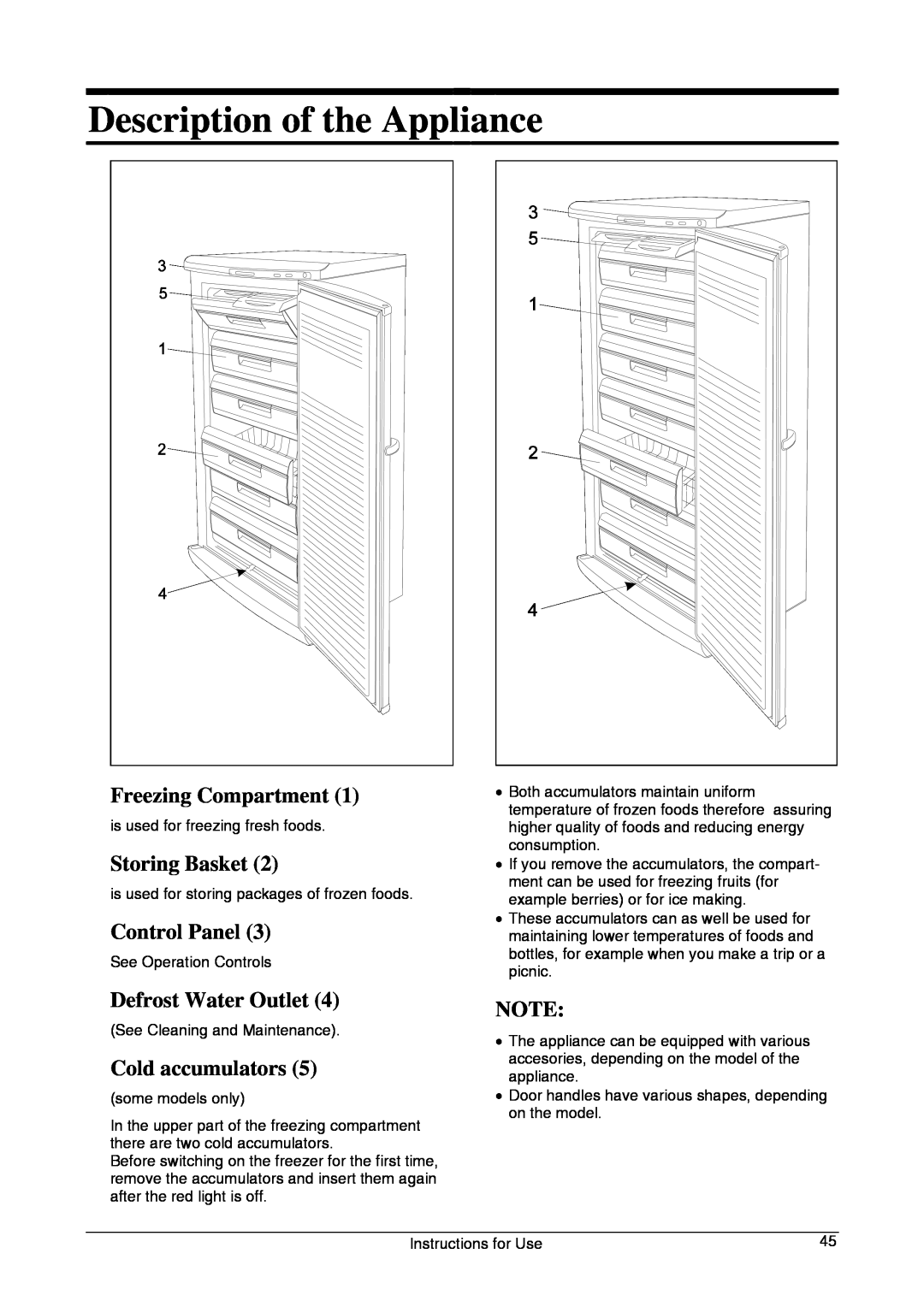 Smeg CV33B manual Description of the Appliance, Freezing Compartment, Storing Basket, Control Panel, Defrost Water Outlet 
