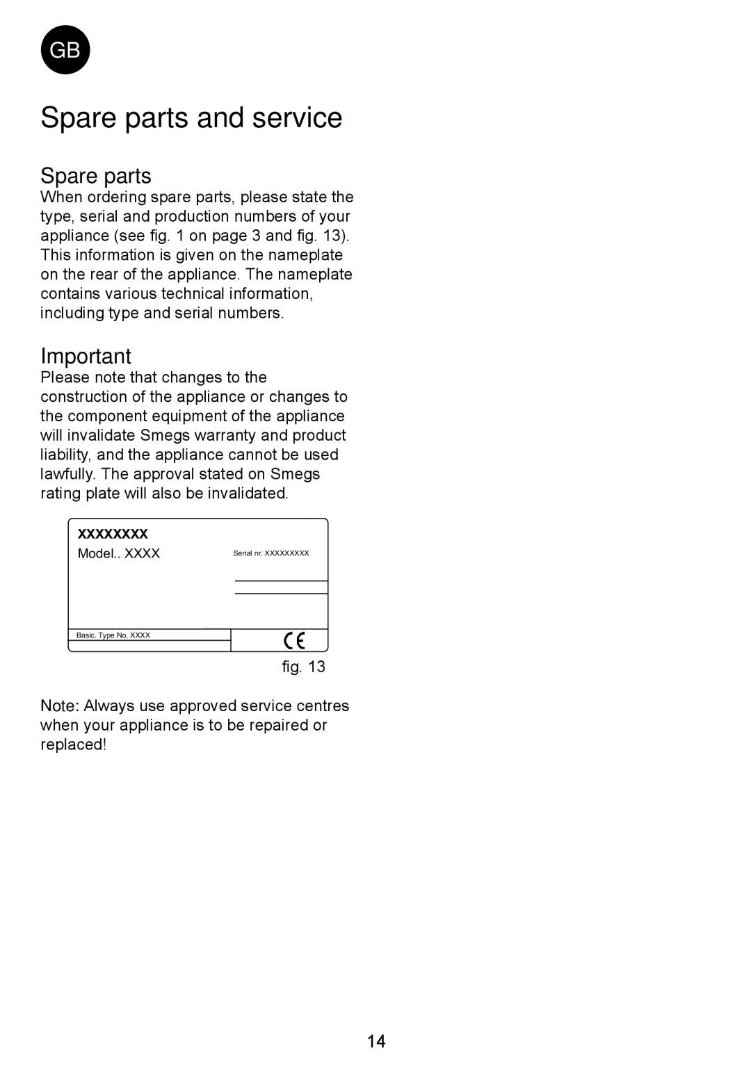 Smeg CV35XS5 manual Spare parts and service 