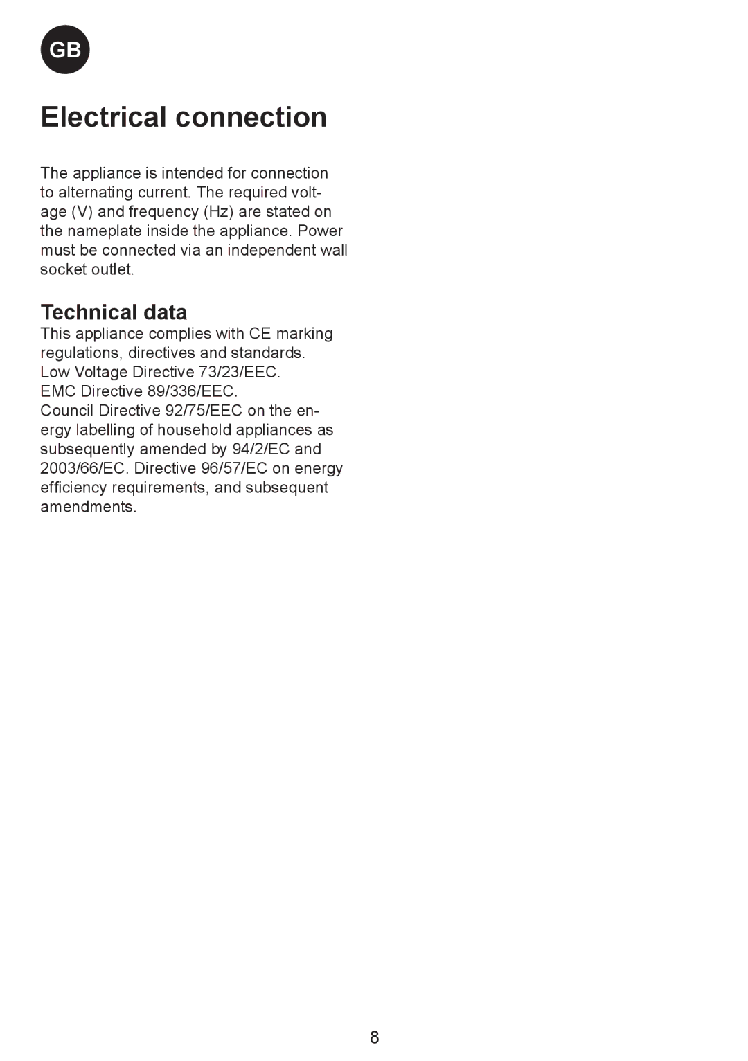 Smeg CV35XS5 manual Electrical connection, Technical data 