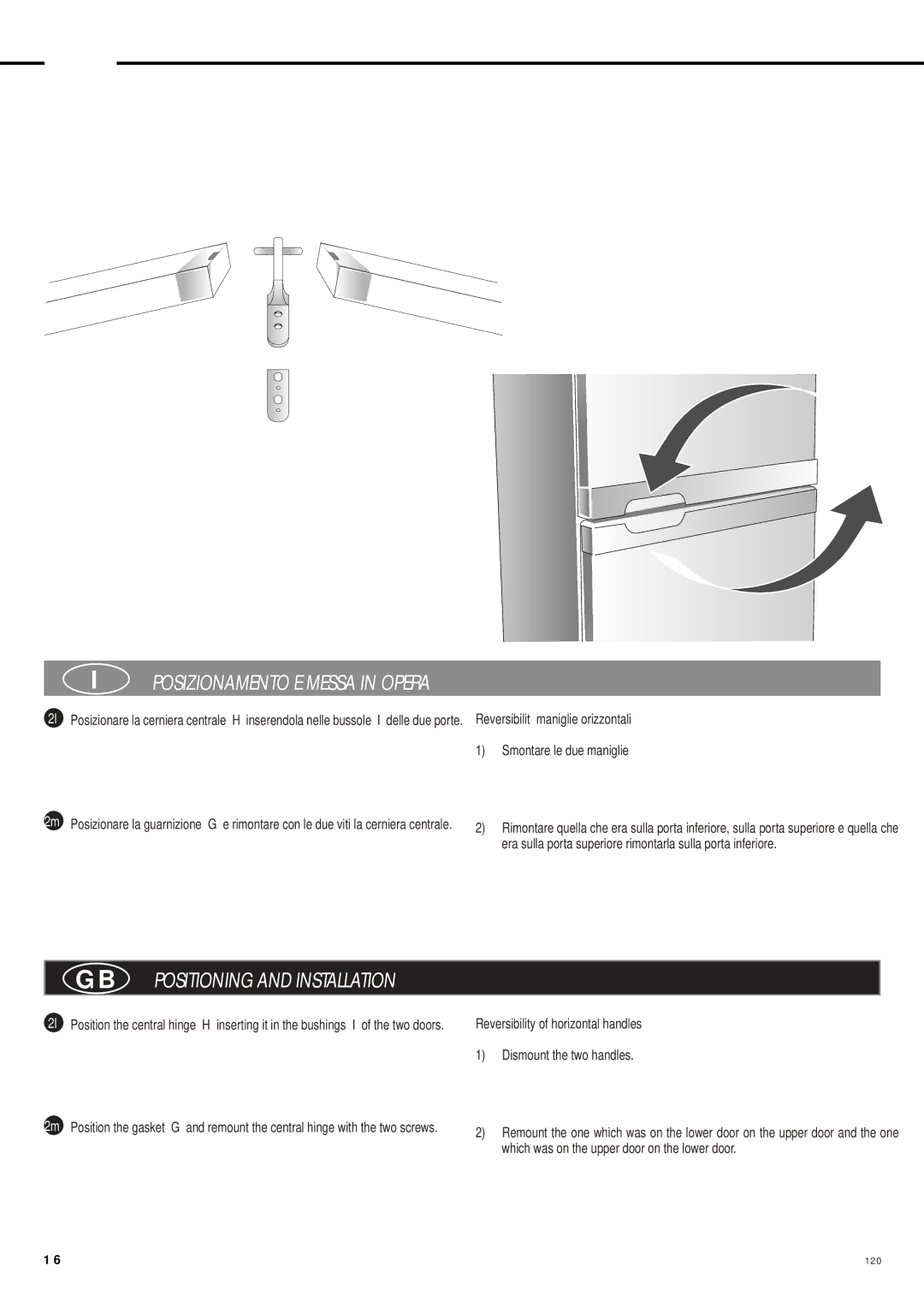 Smeg CW350RX manual GB Positioning and Installation, Reversibilità maniglie orizzontali, Smontare le due maniglie 