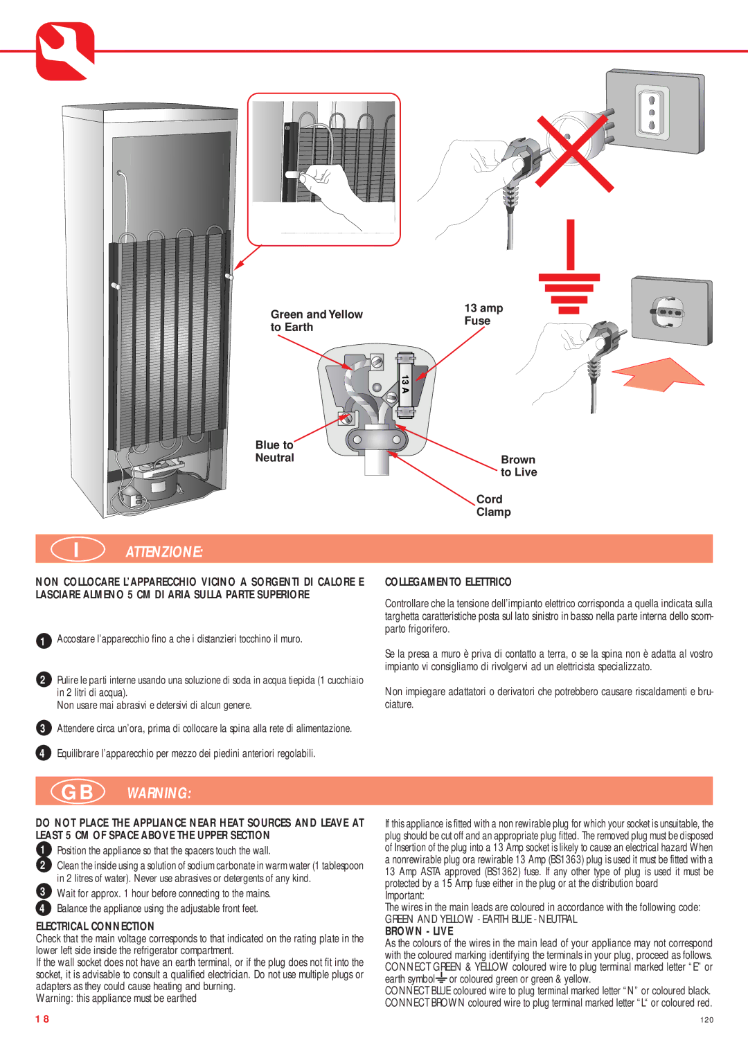 Smeg CW350RX manual Attenzione, GB Warning, Collegamento Elettrico, Electrical Connection, Brown Live 