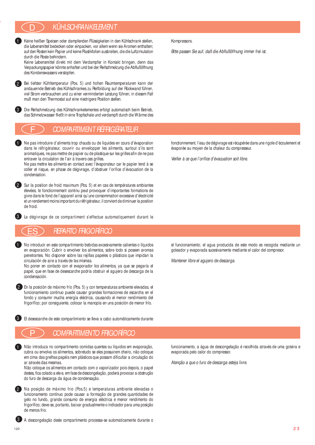 Smeg CW350RX manual Kühlschrankelement, Compartiment Réfrigérateur, ES Reparto Frigorífico, Compartimento Frigorífico 