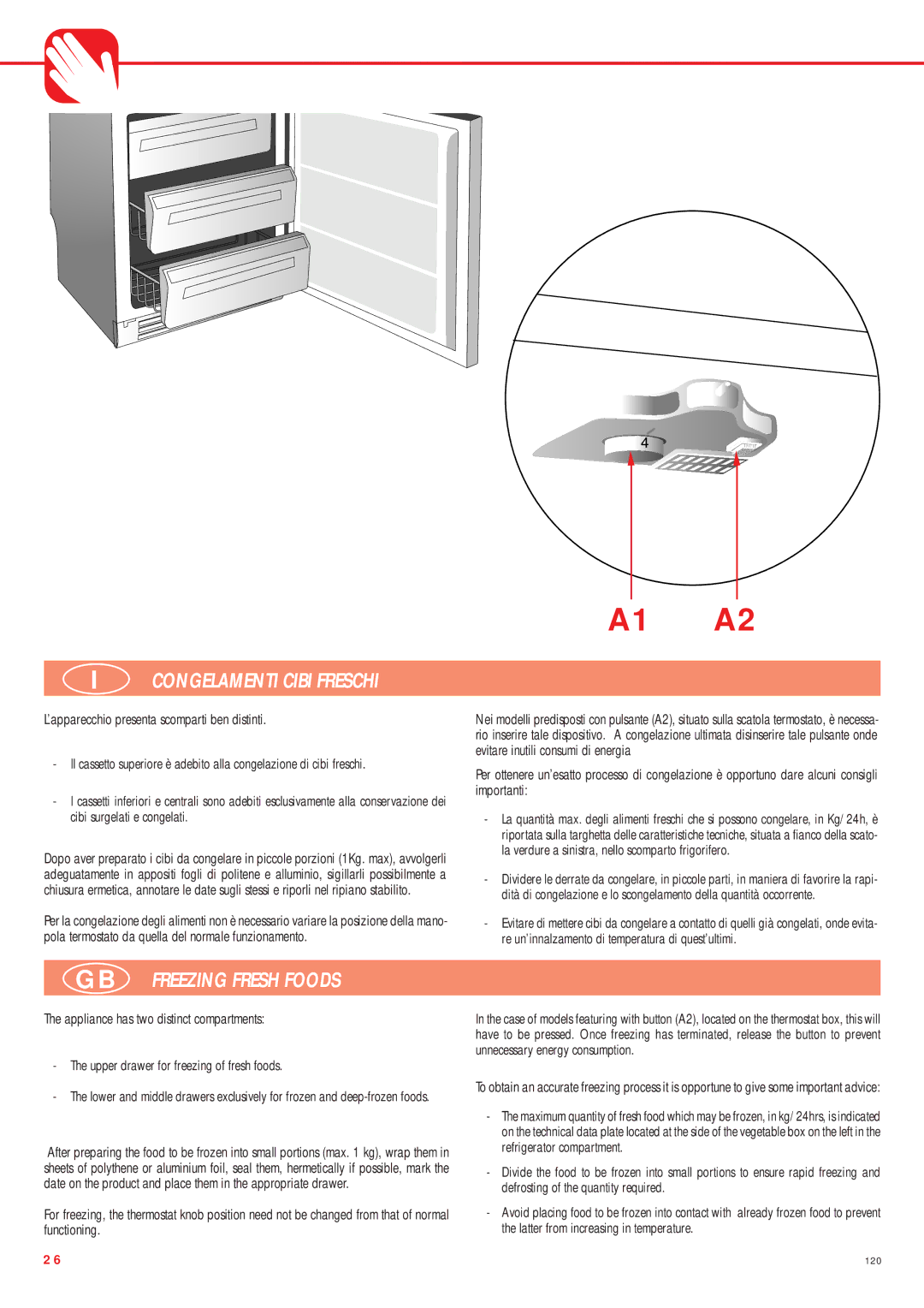 Smeg CW350RX manual Congelamenti Cibi Freschi, GB Freezing Fresh Foods 