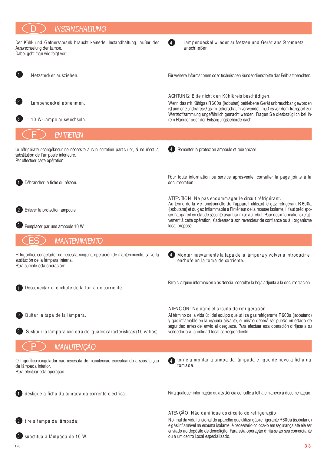 Smeg CW350RX manual Instandhaltung, Entretien, ES Mantenimiento, Manutenção 