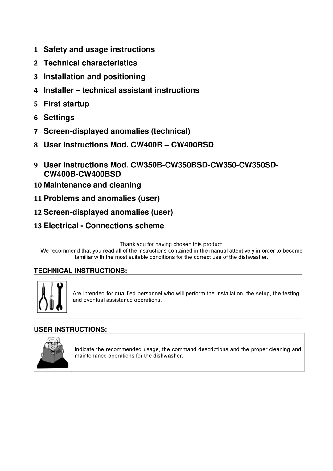 Smeg CW400BSD, CW400RSD, CW350SD, CW350BSD manual Technical Instructions, User Instructions 