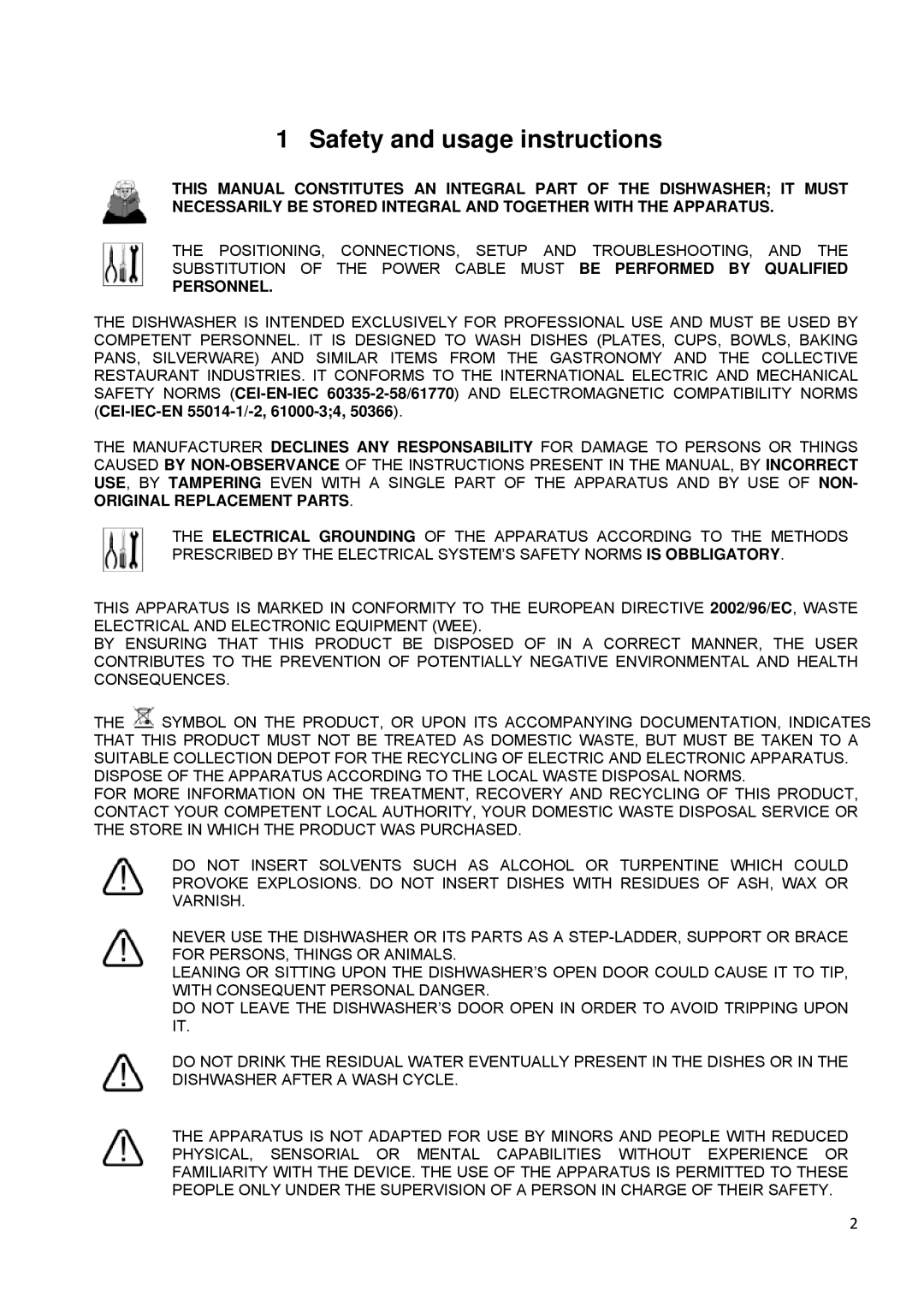 Smeg CW400RSD, CW400BSD, CW350SD, CW350BSD manual Safety and usage instructions, Personnel 