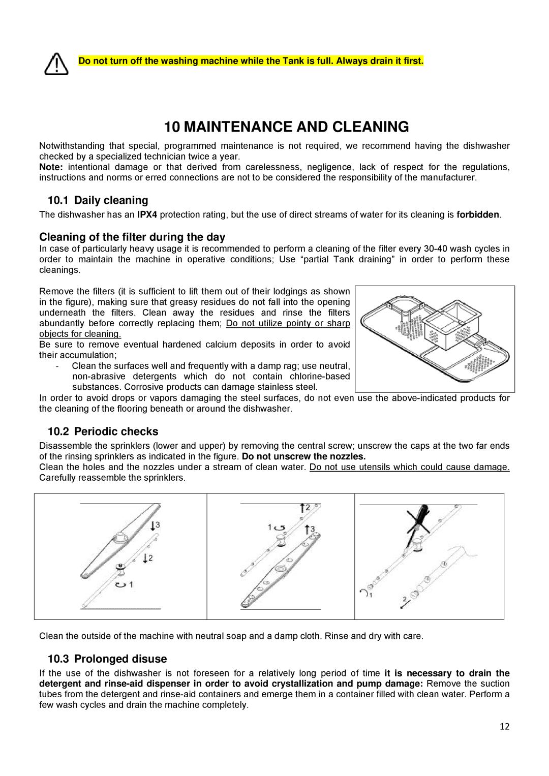 Smeg CWC500R manual Maintenance and Cleaning, Daily cleaning, Cleaning of the filter during the day, Periodic checks 