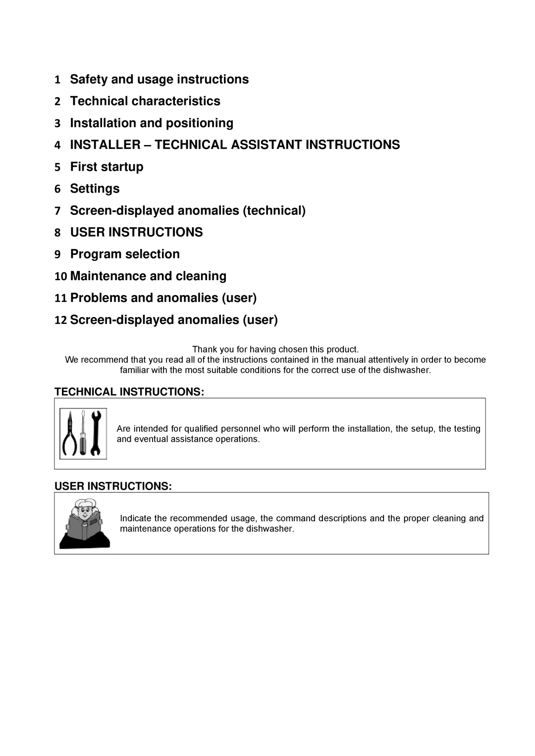 Smeg CWC500R manual Installer Technical Assistant Instructions, User Instructions, Technical Instructions 