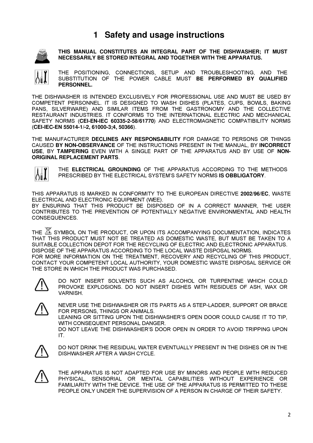 Smeg CWC500R manual Safety and usage instructions, Personnel 