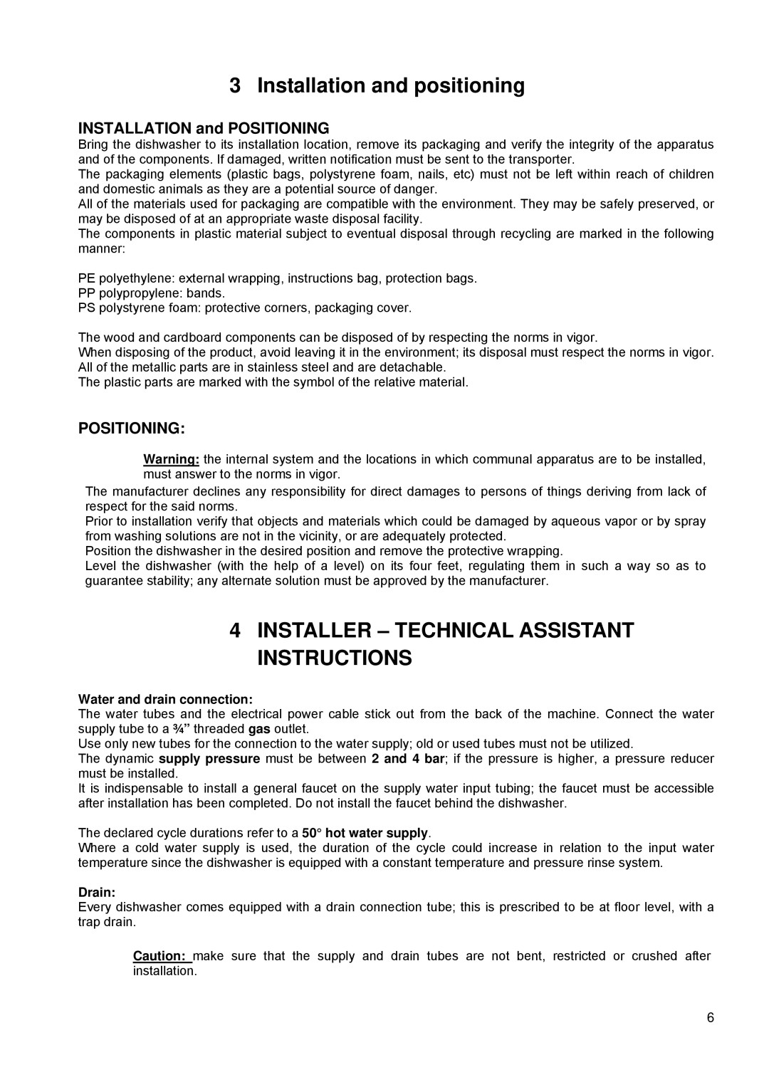 Smeg CWC500R manual Installer Technical Assistant Instructions, Installation and Positioning 