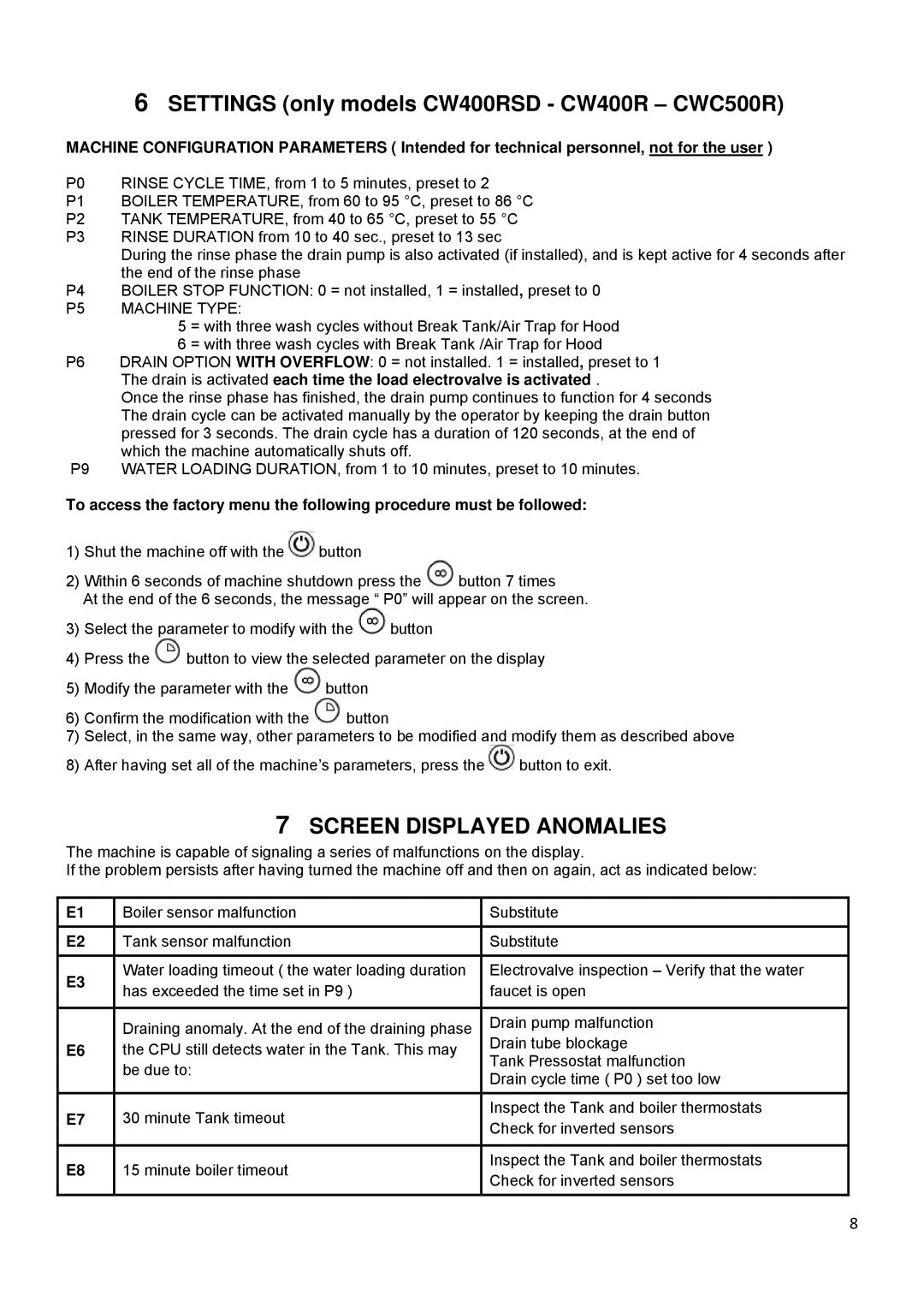 Smeg CWC500R manual Screen Displayed Anomalies, P5 Machine Type 