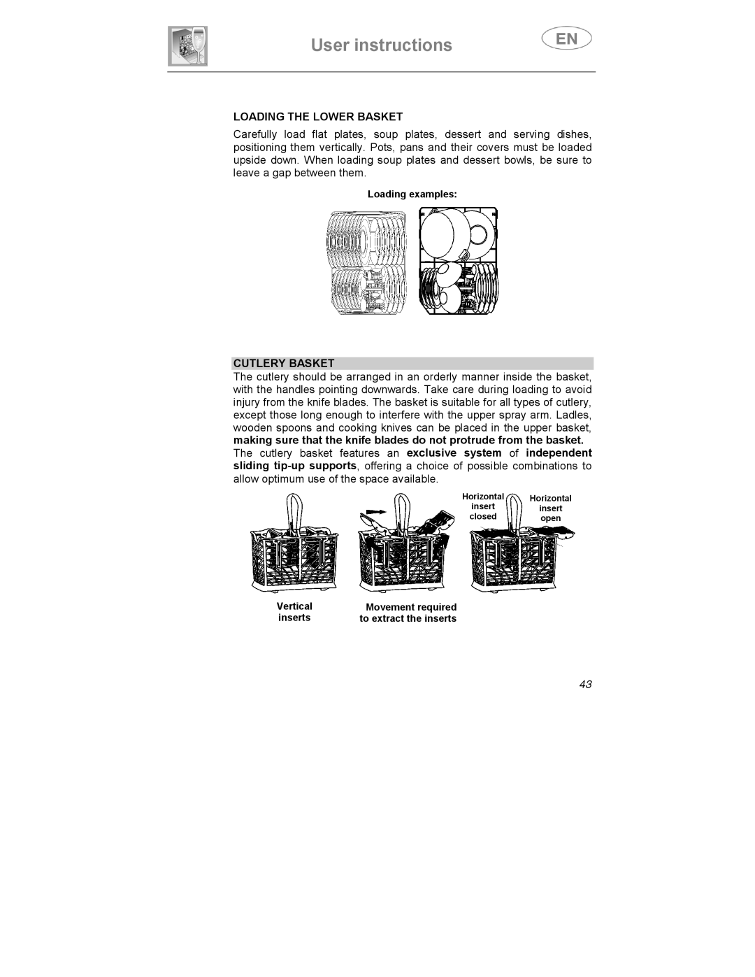 Smeg DD409S manual Loading the Lower Basket, Cutlery Basket 