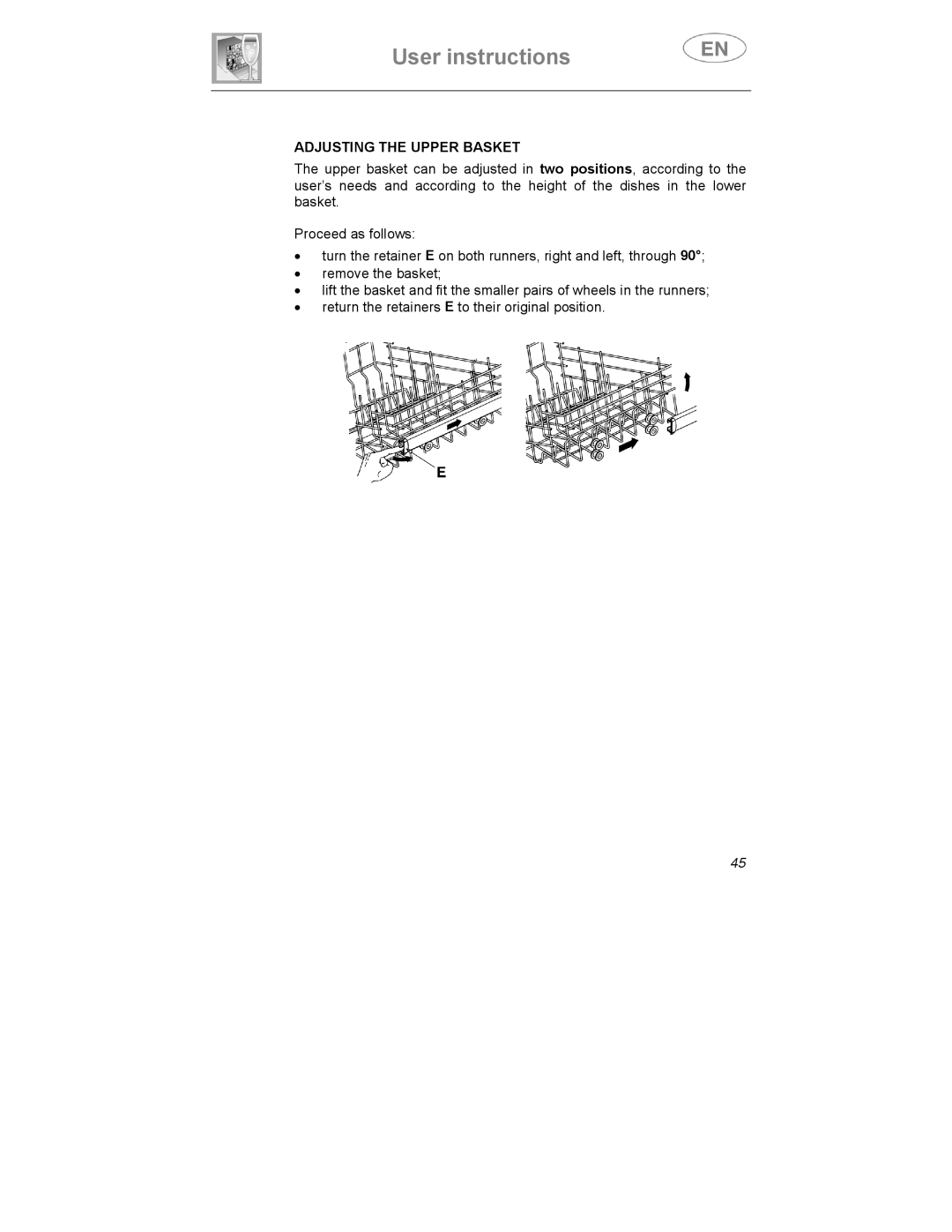 Smeg DD409S manual Adjusting the Upper Basket 