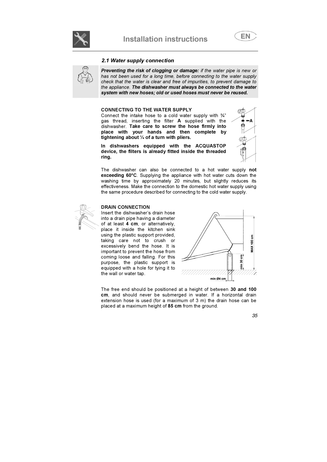 Smeg DD612S7 manual Water supply connection, Connecting to the Water Supply, Drain Connection 