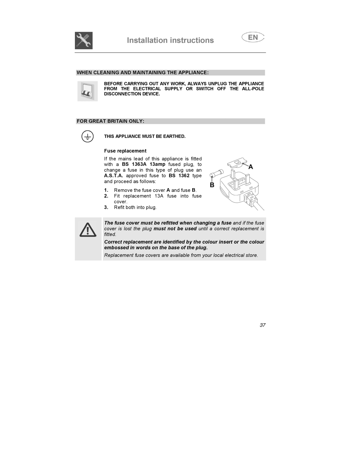 Smeg DD612S7 manual When Cleaning and Maintaining the Appliance, For Great Britain only 