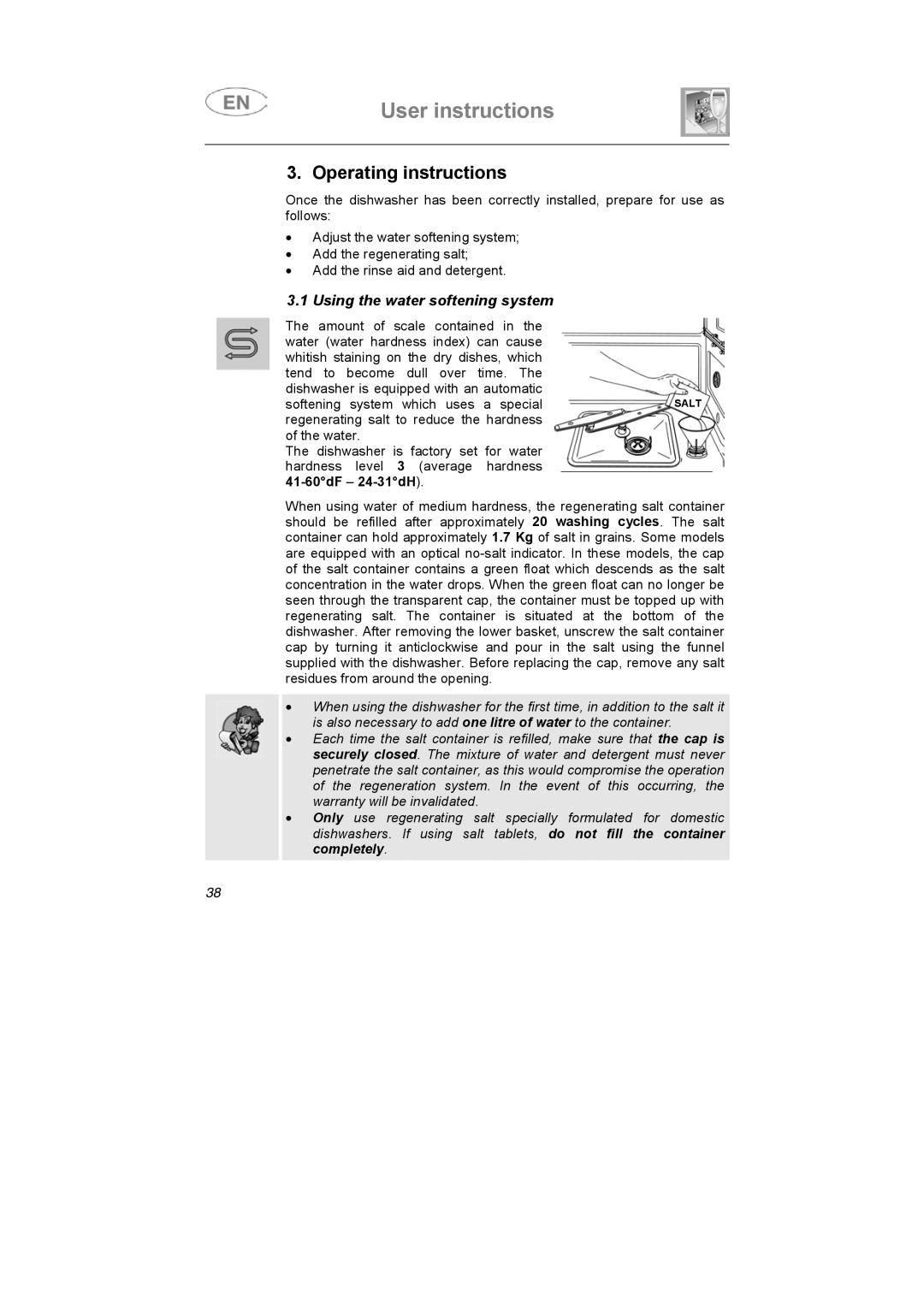 Smeg DD612S7 manual User instructions, Using the water softening system 