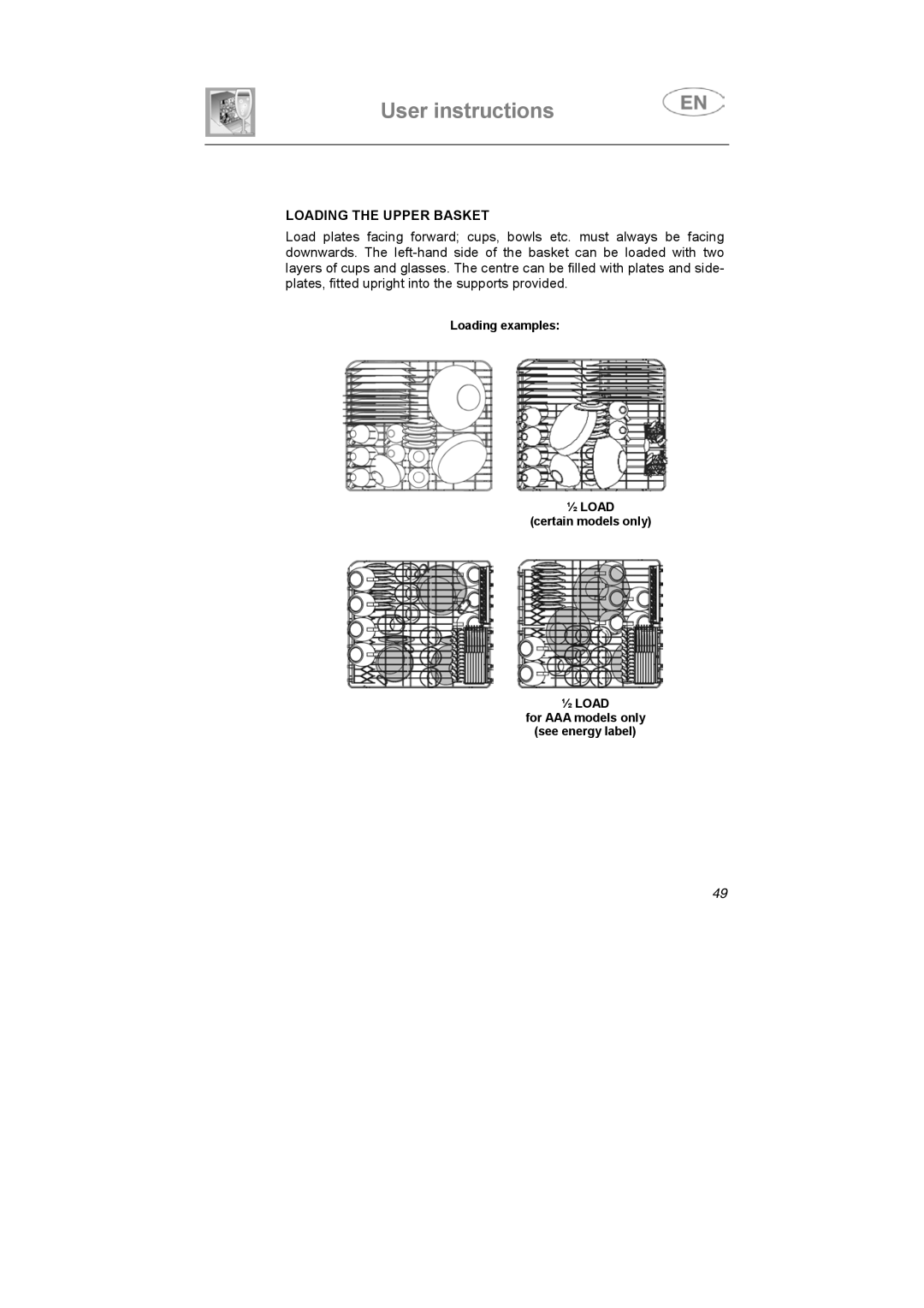 Smeg DD612S7 manual Loading the Upper Basket 